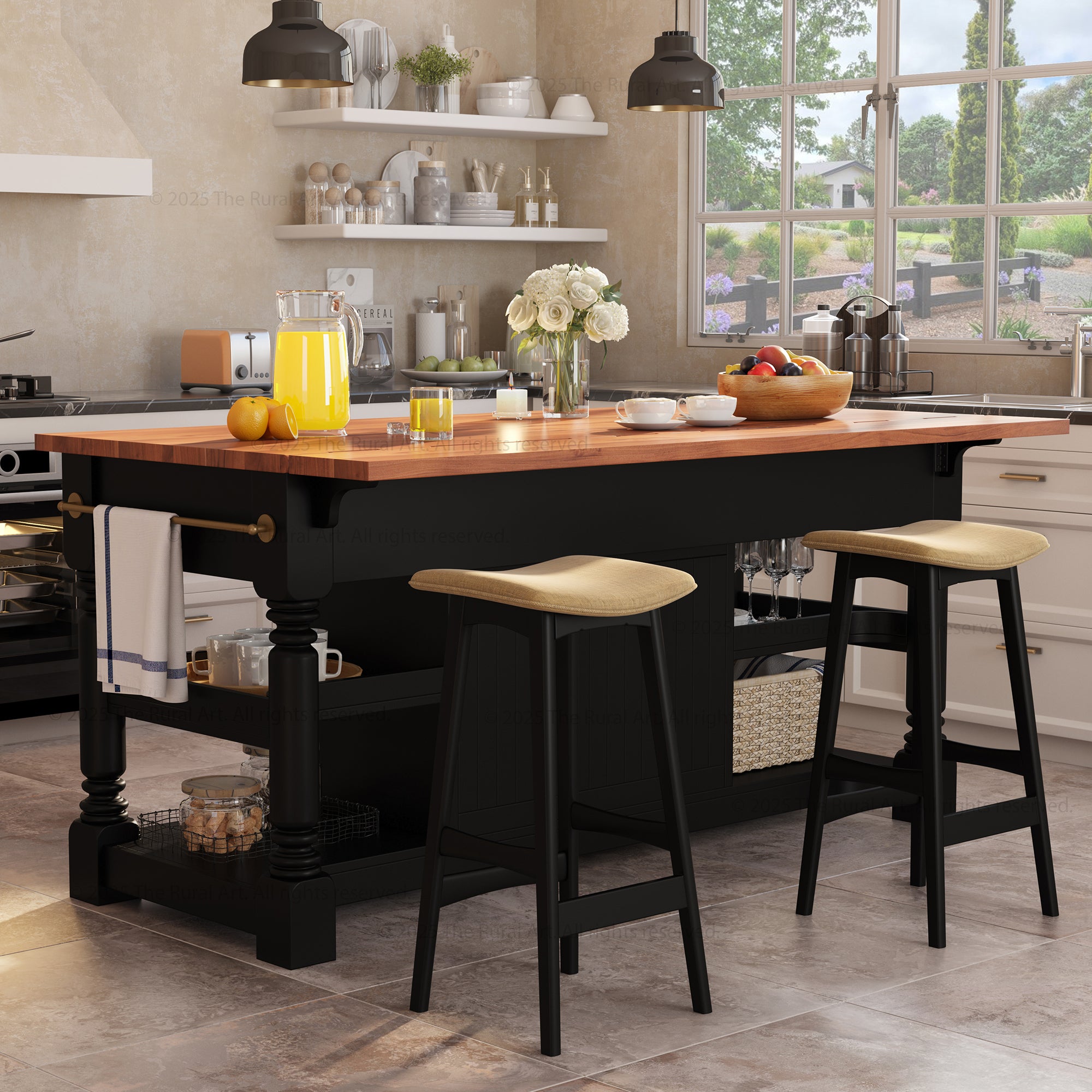 Kitchen island with stools in a well-lit kitchen