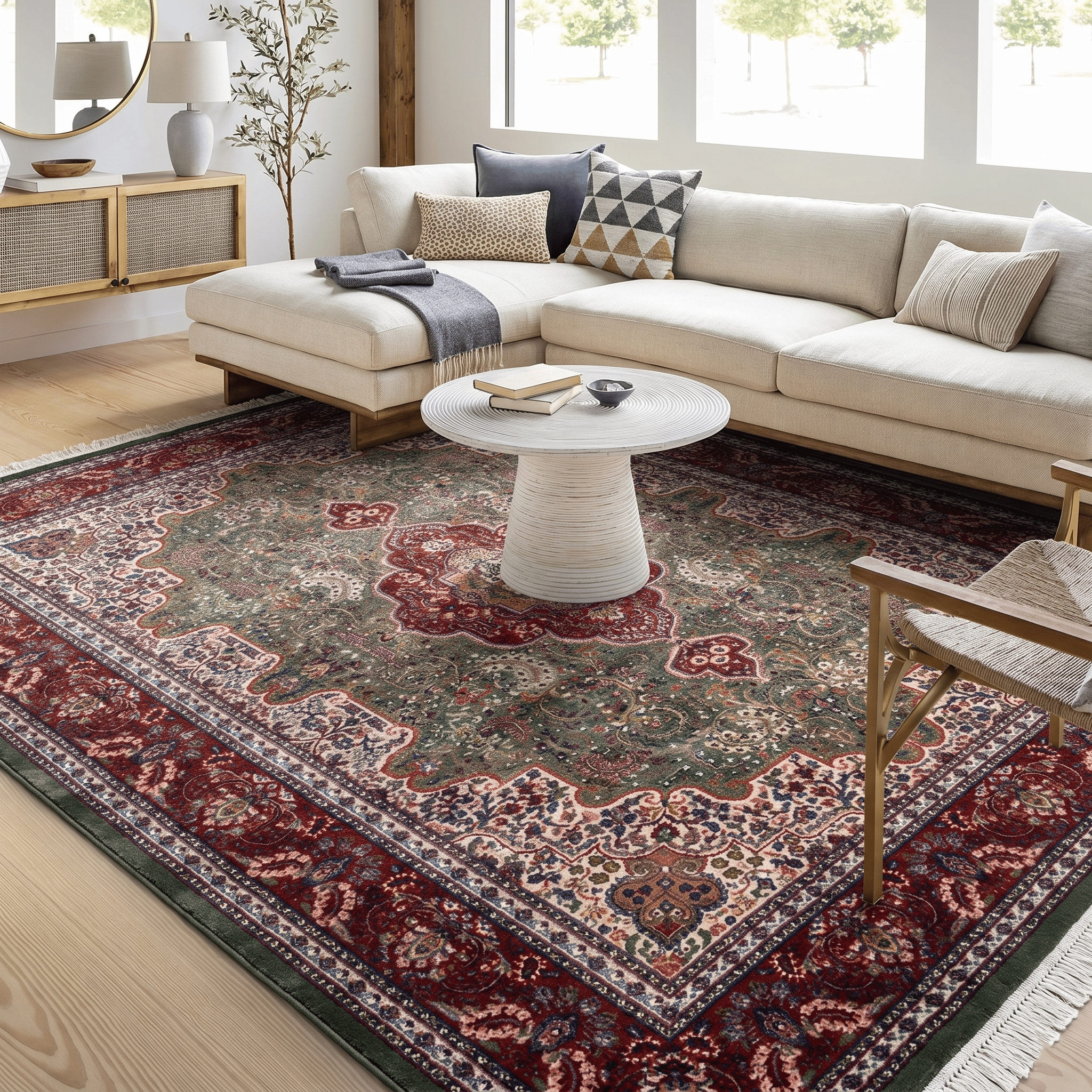 Asheville Hand-Knotted Wool Oriental Rug Sage Green, Crimson & Ivory