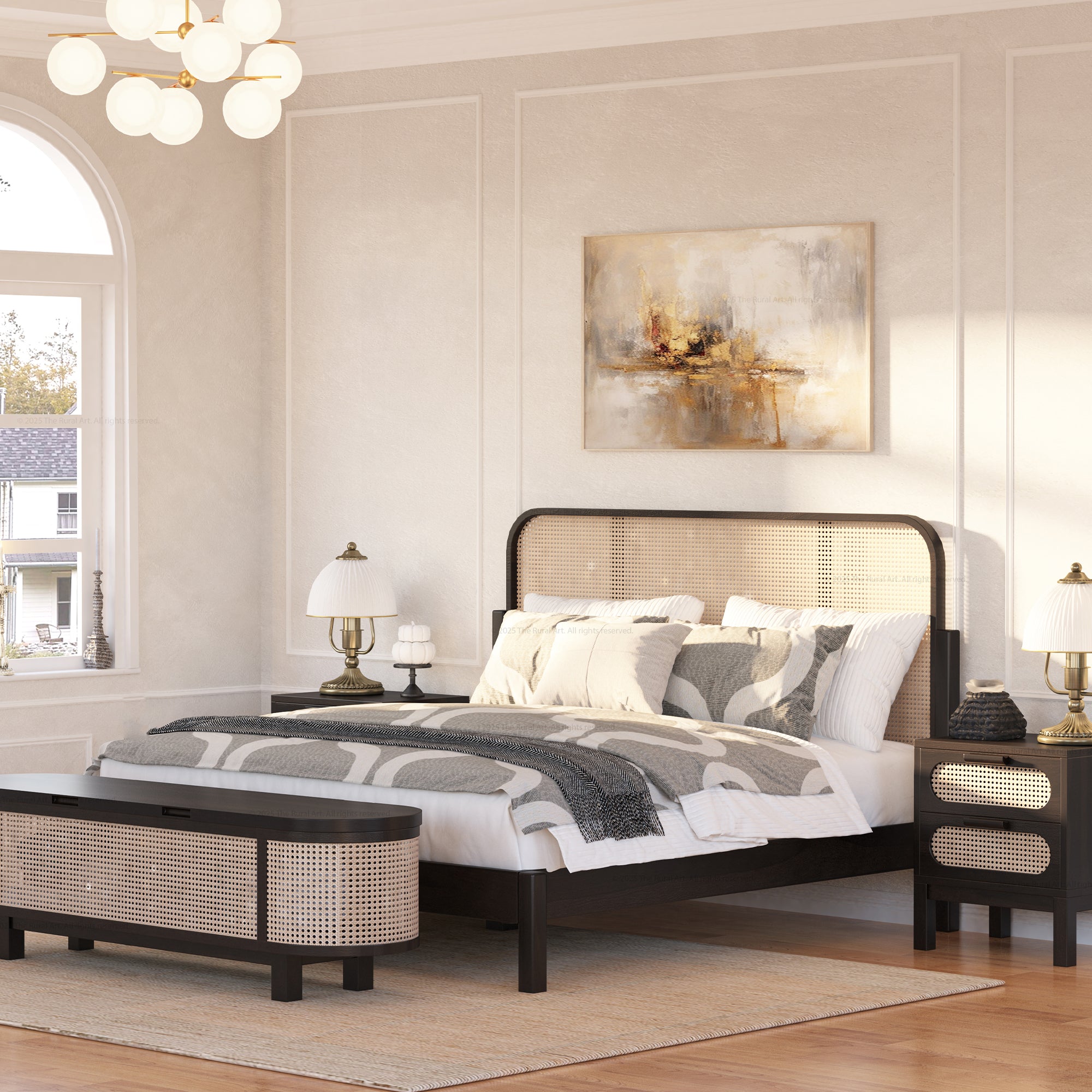 Davis Solid Wood Platform Bed with Cane Headboard