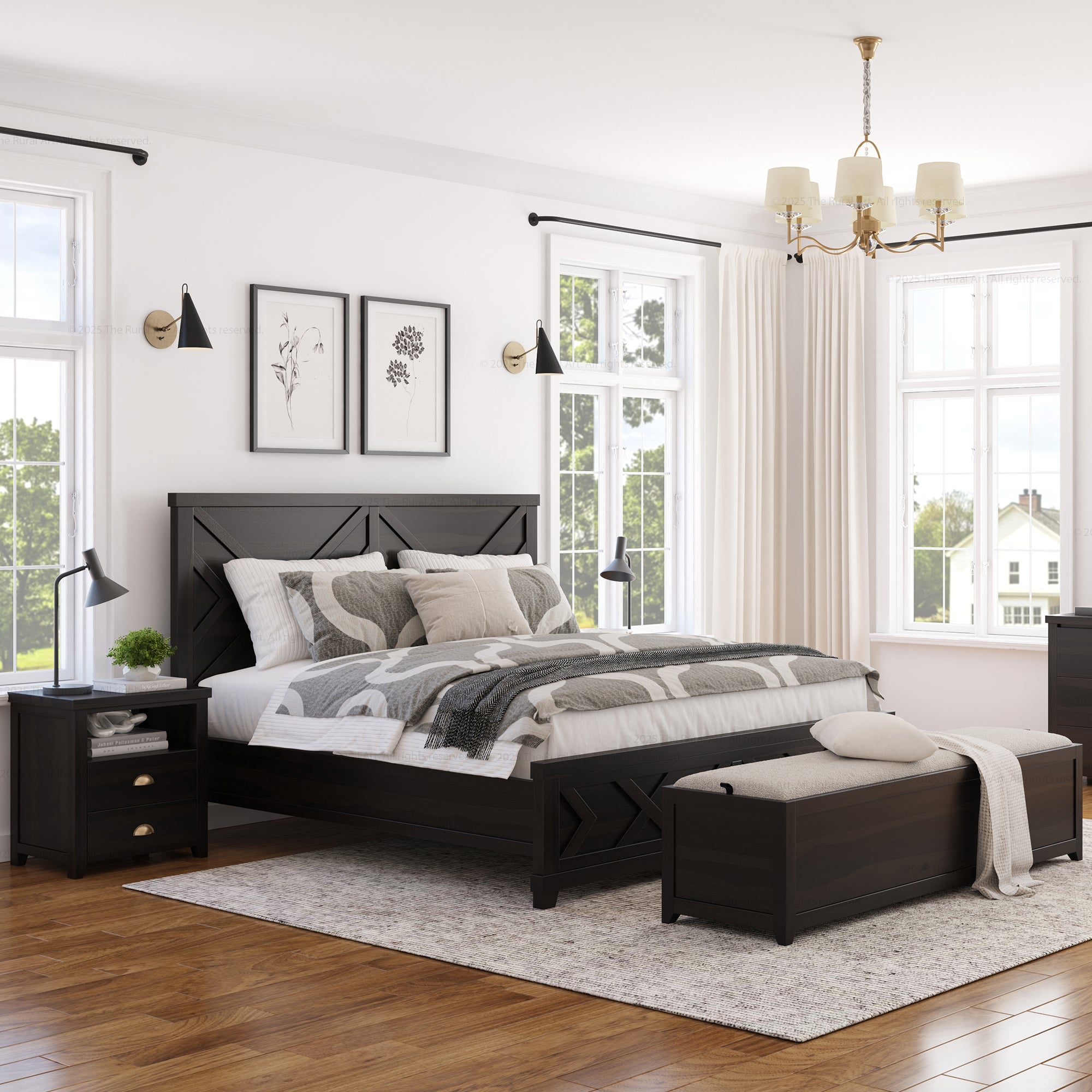 Baytown Rustic Solid Wood Bed with Geometric Carvings