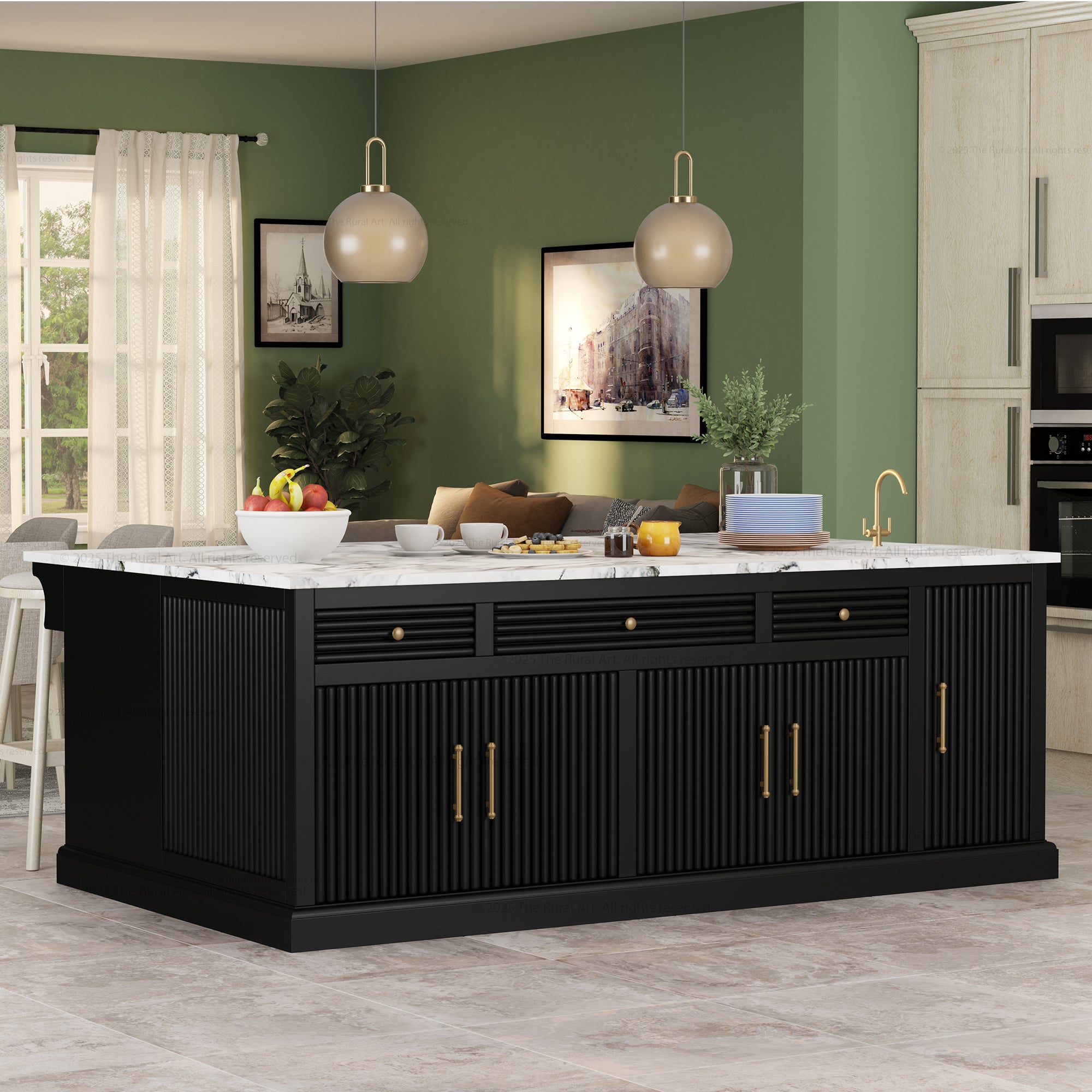 Modern kitchen with a black island featuring marble countertop