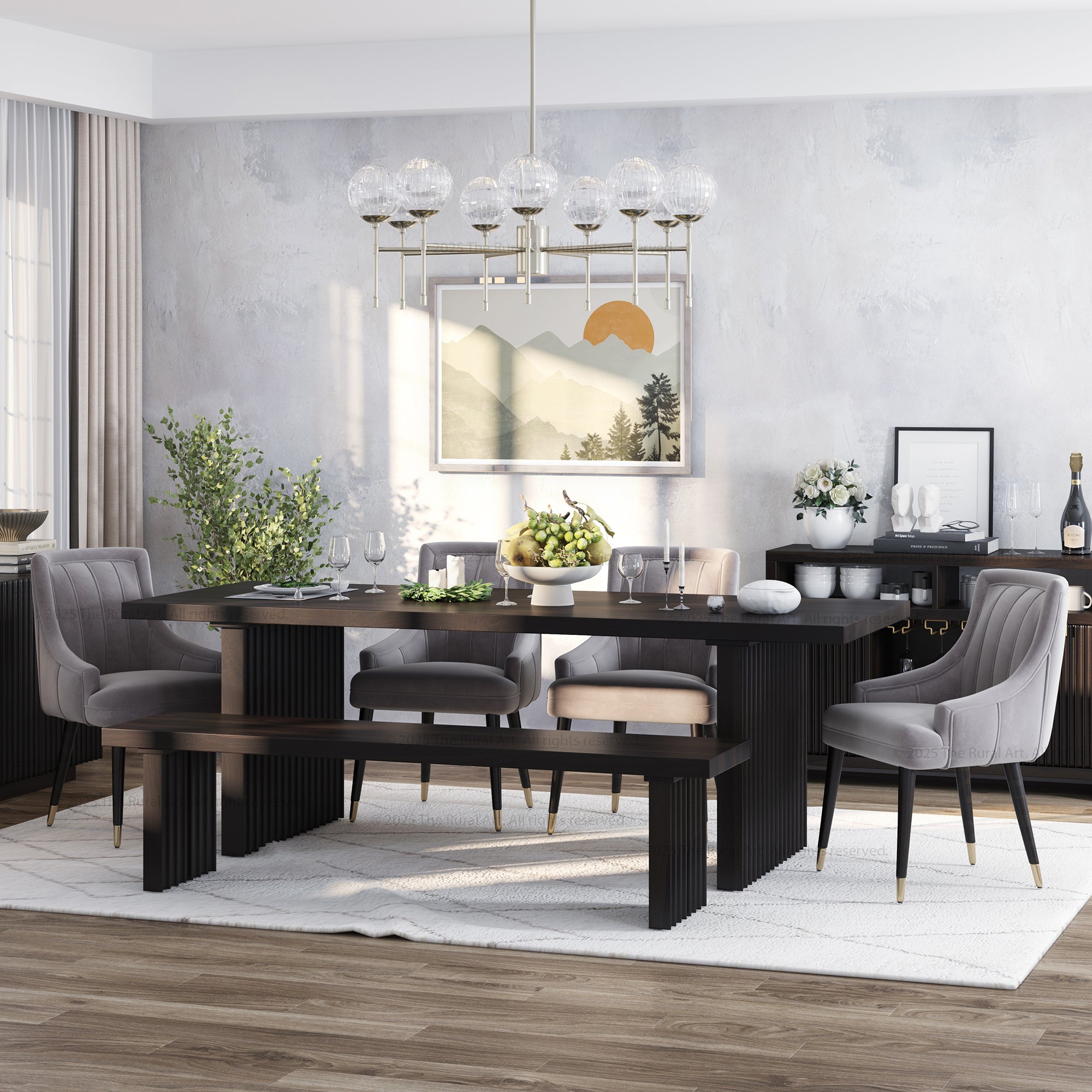 Montecito Noir Dining Table Set Solid Wood with Bench & Chairs