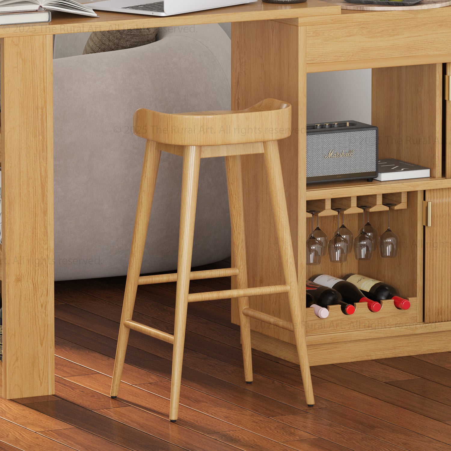 Ithaca Solid Wood Bar Stool Sculpted Seat Japandi Style