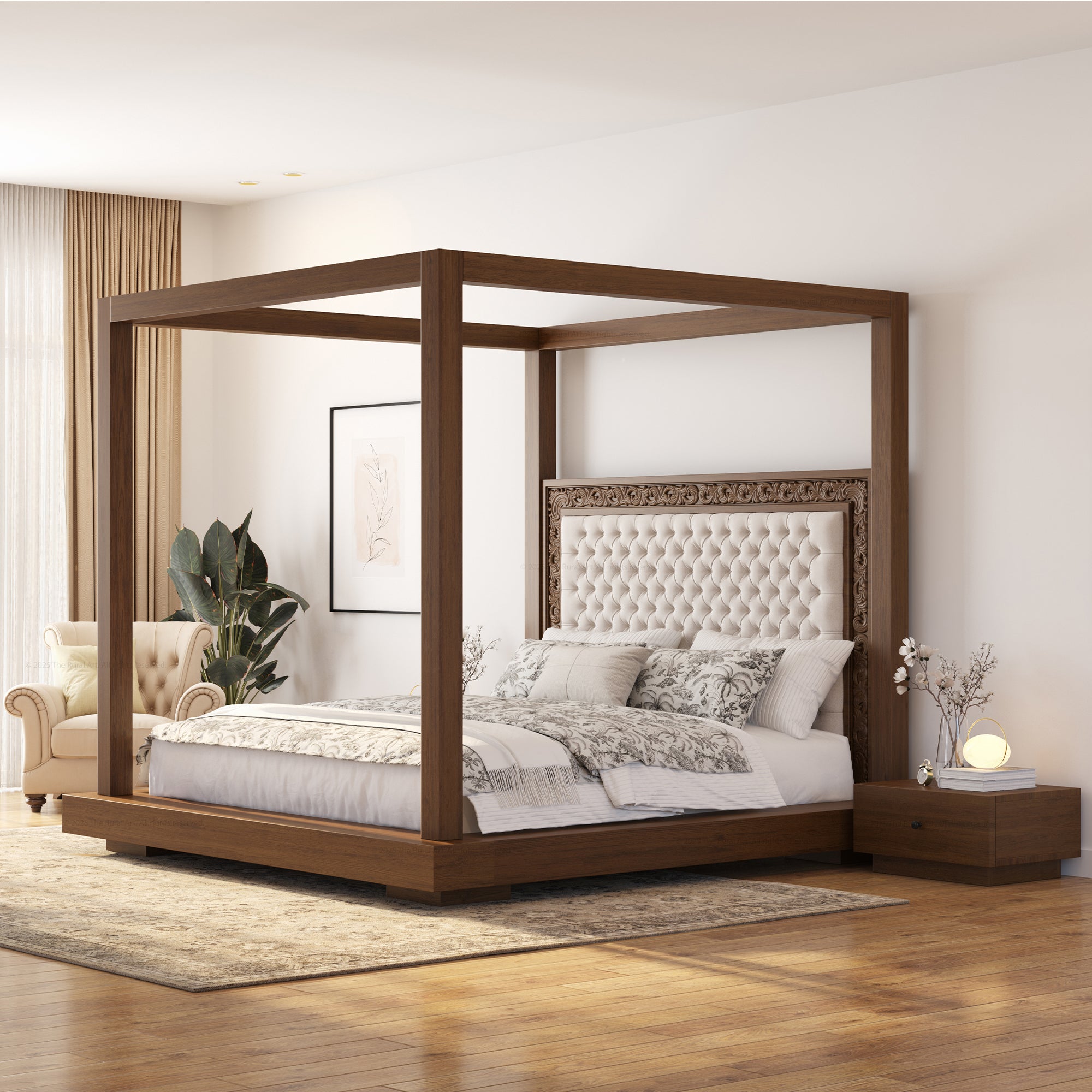 Sheffield Solid Wood Canopy Bed with Upholstered Tufted Headboard & Hand-Carved Frame