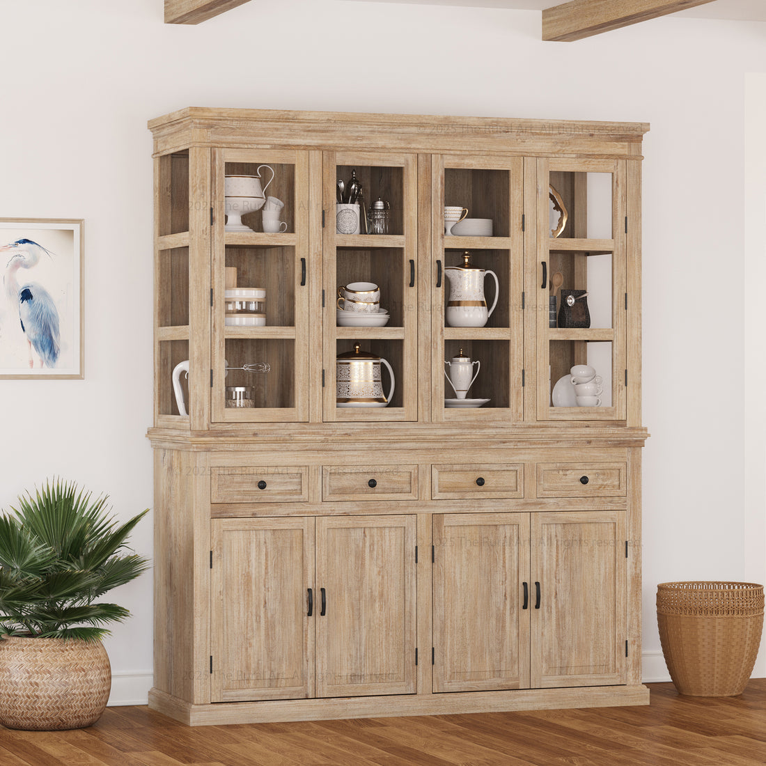 Anniston Solid Wood Hutch Cabinet with Glass-Paneled Doors