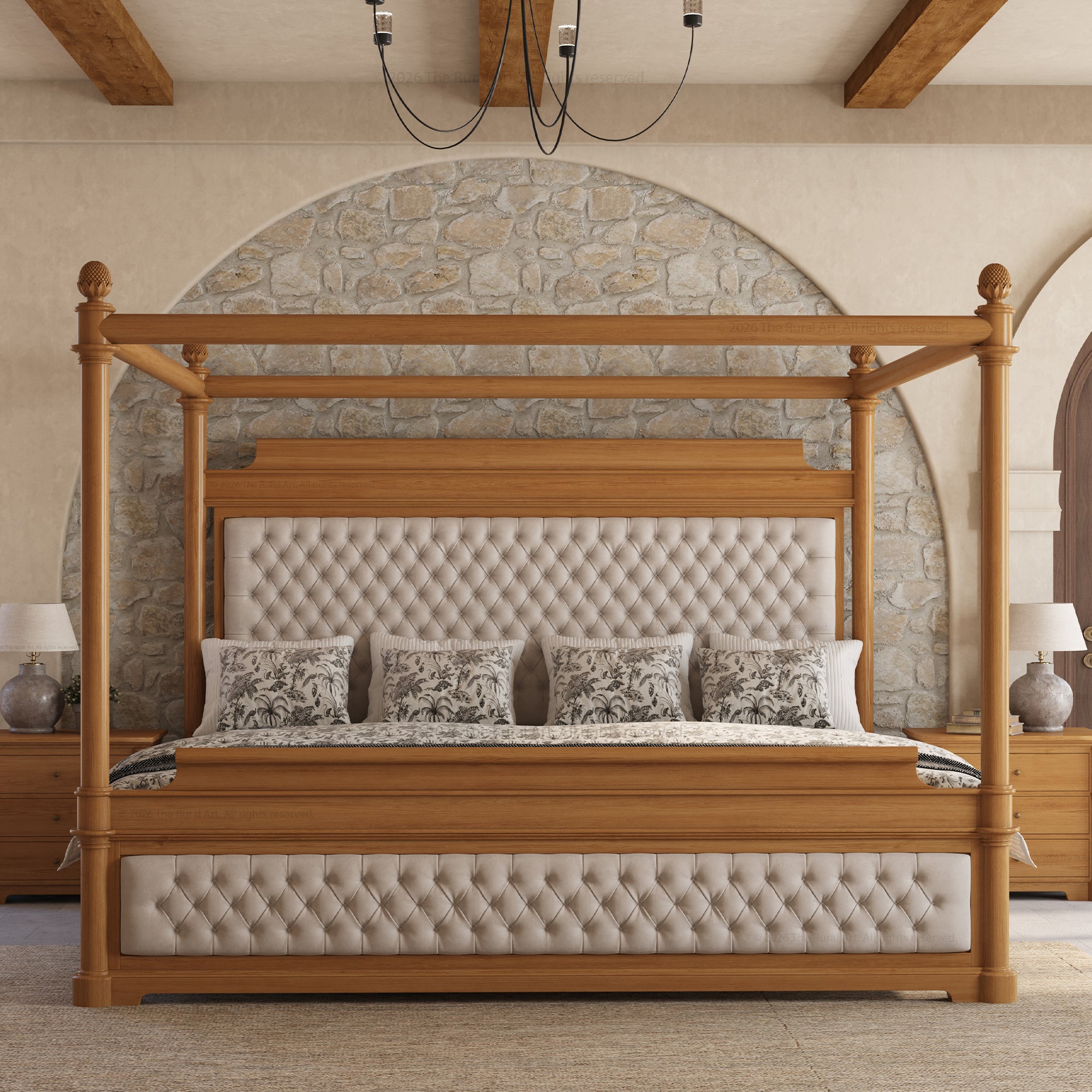 Abilene Four Poster Canopy Solid Wood Bed with Tufted Upholstered Headboard & Footboard