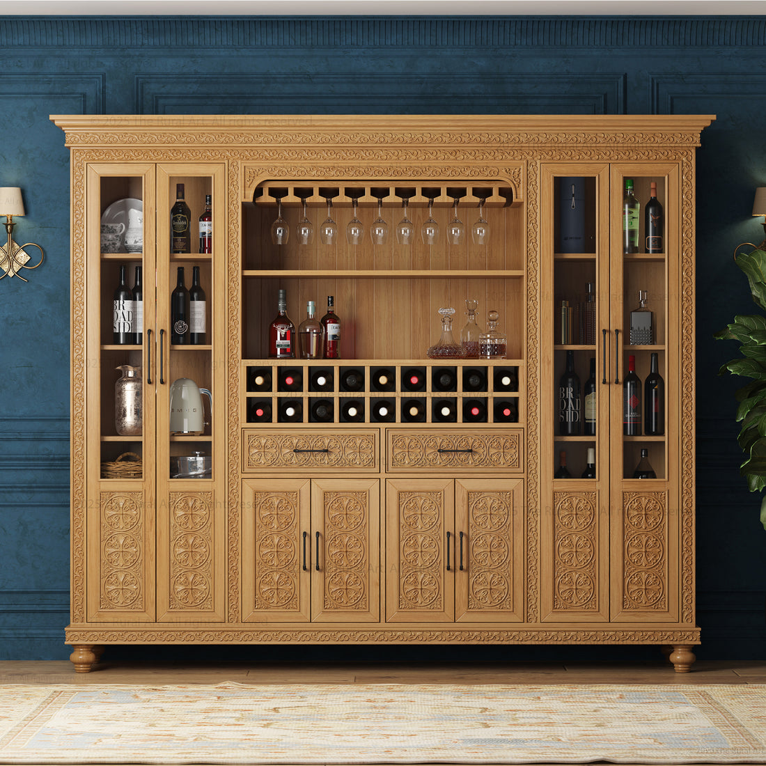 A large, wooden wine bar cabinet hutch with hand-carved floral designs, featuring glass-paneled doors, deep drawers, and dedicated racks for wine bottles and stemware.