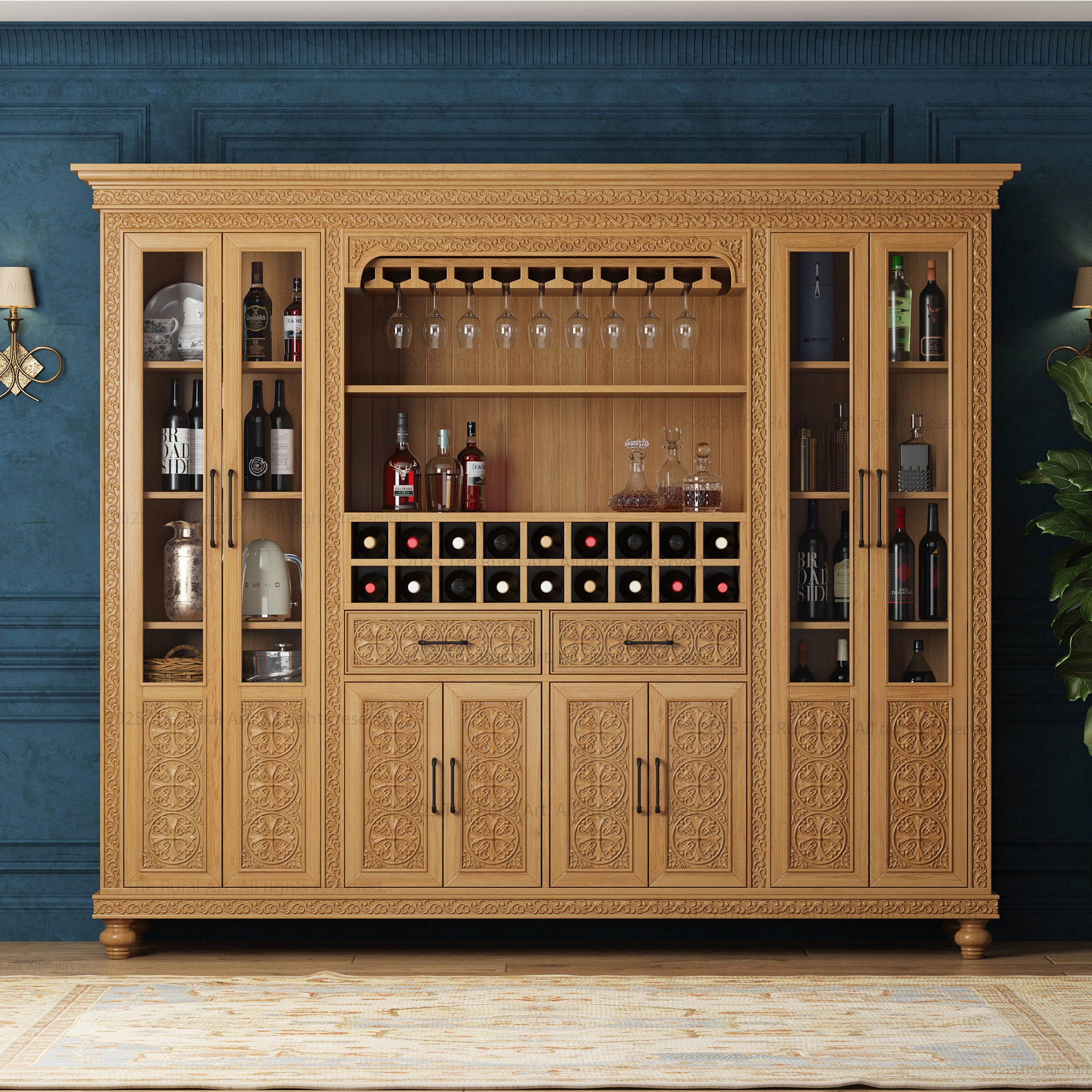 A large, wooden wine bar cabinet hutch with hand-carved floral designs, featuring glass-paneled doors, deep drawers, and dedicated racks for wine bottles and stemware.