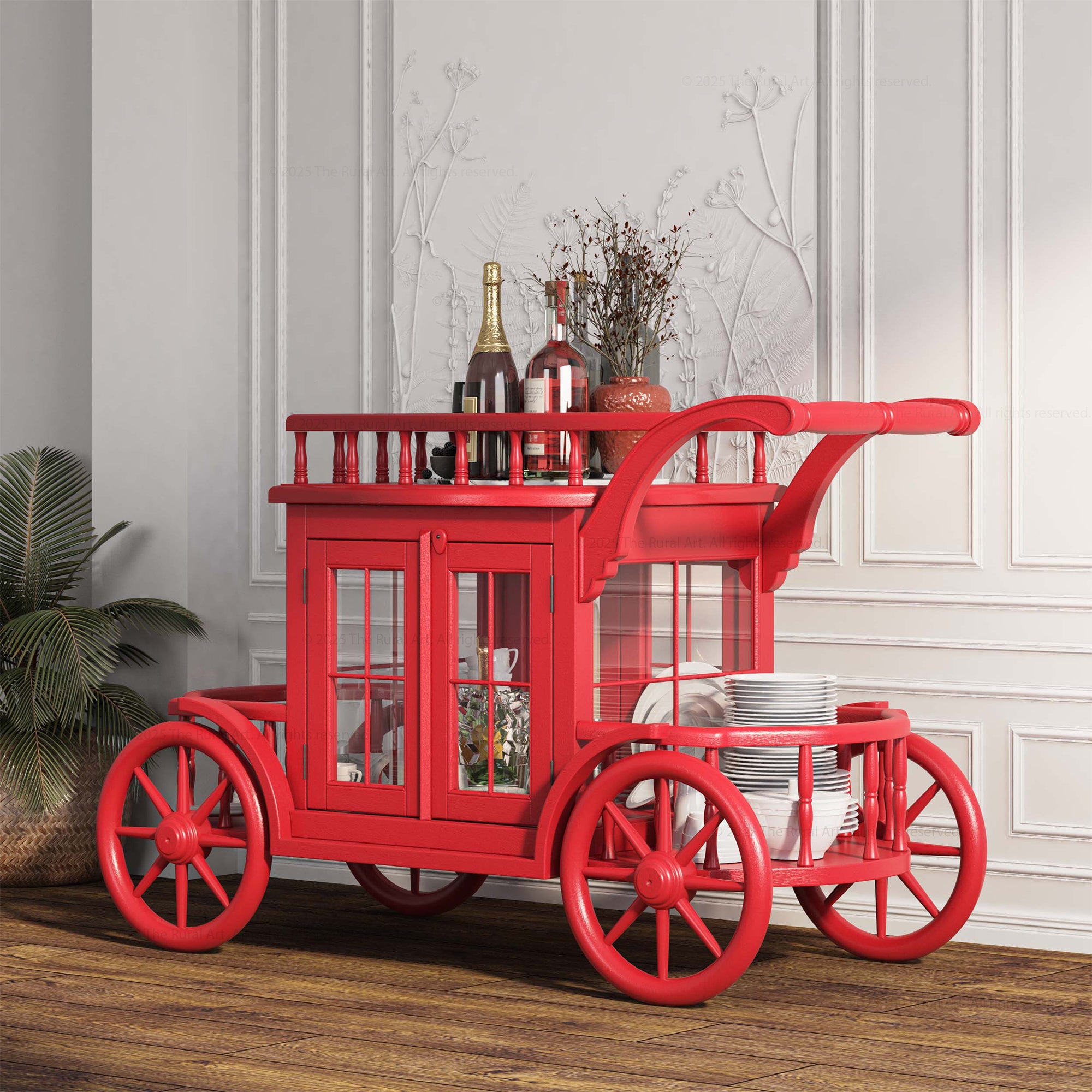 Red vintage-style bar cart with wheels in a room setting.