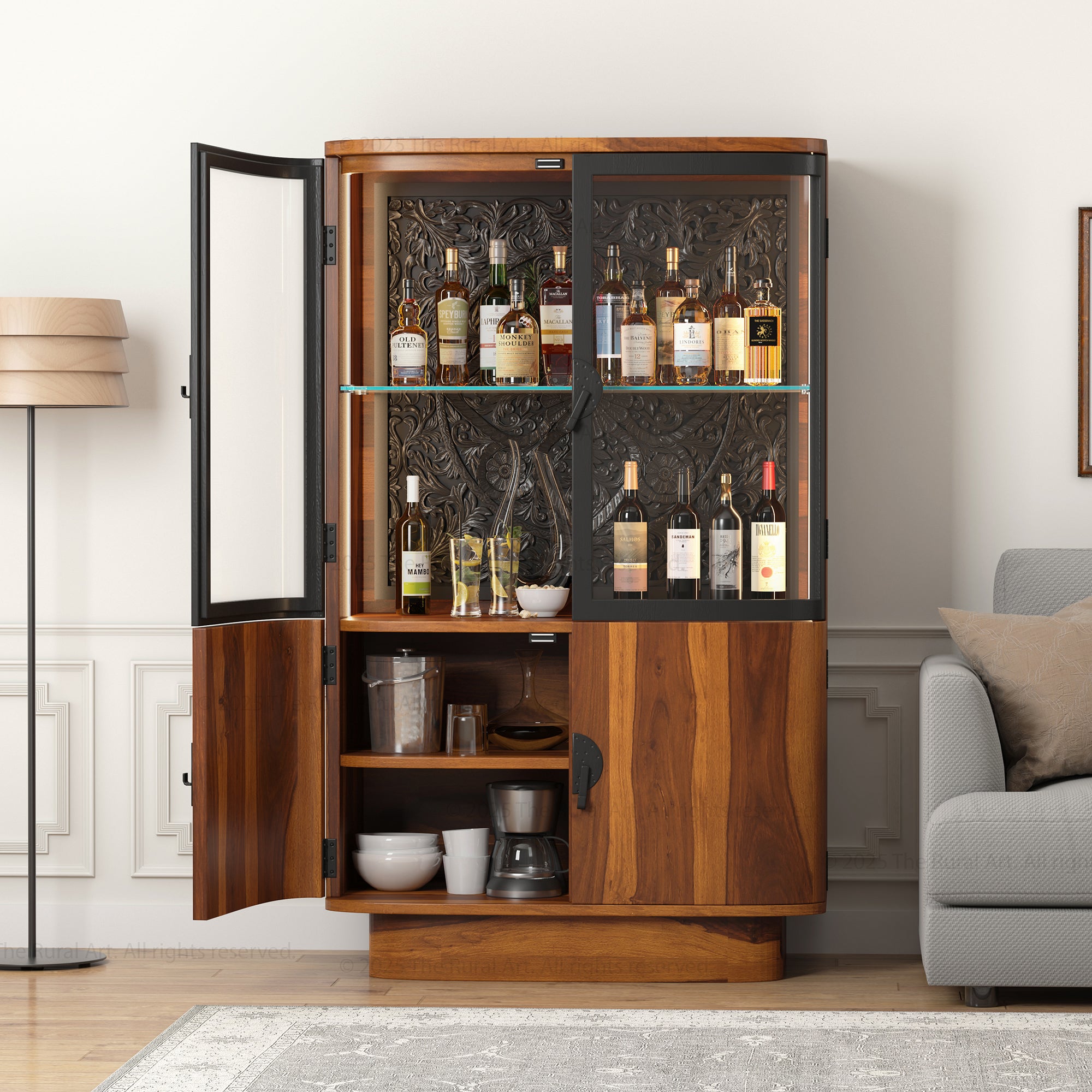 Woodinville Carved Bar Cabinet with Display Rack