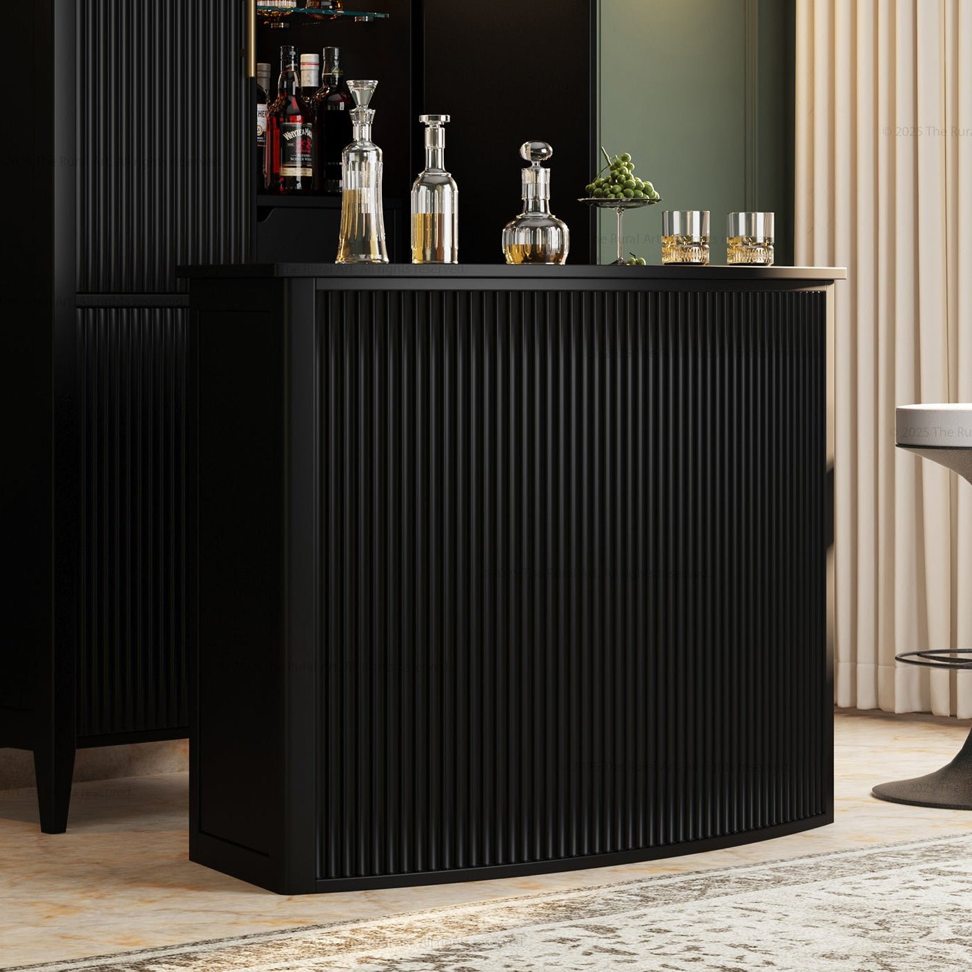 Monarch Modern Black Curved Bar Cabinet with Drawers & Shelves Made Of Solid Wood