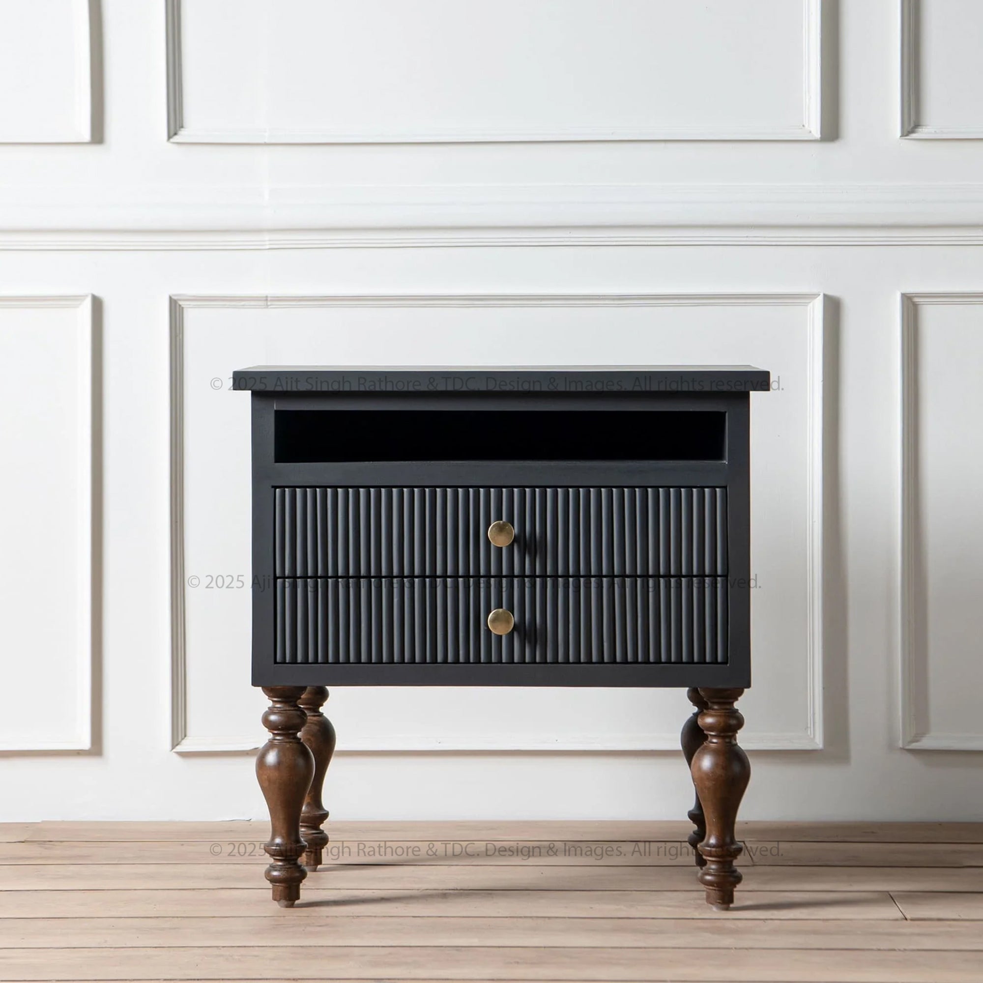 New York Black Nightstand With Ribbed Drawer & Turned Wooden Legs