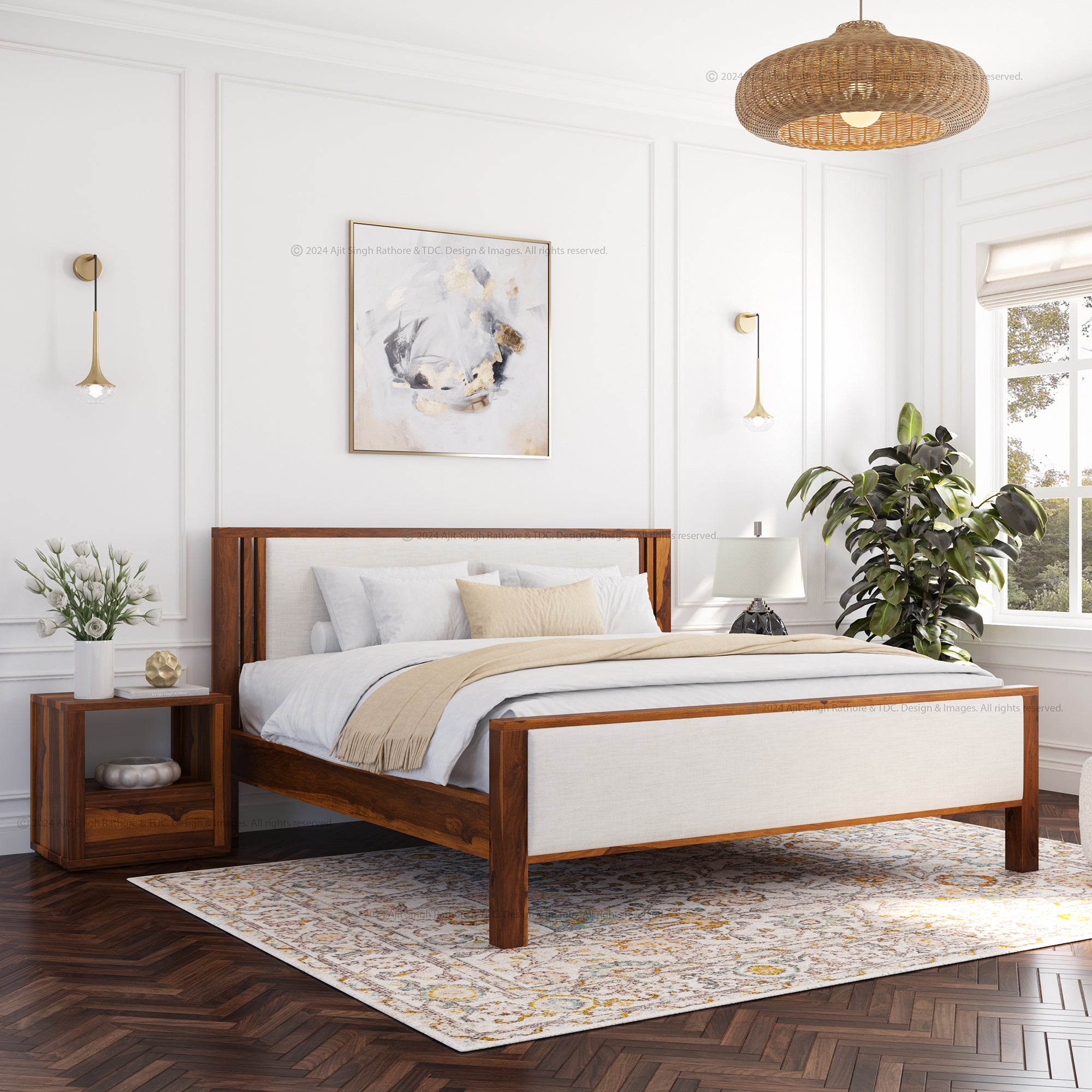 San Marino Premium Solid Indian Rosewood Upholstered Platform Bed