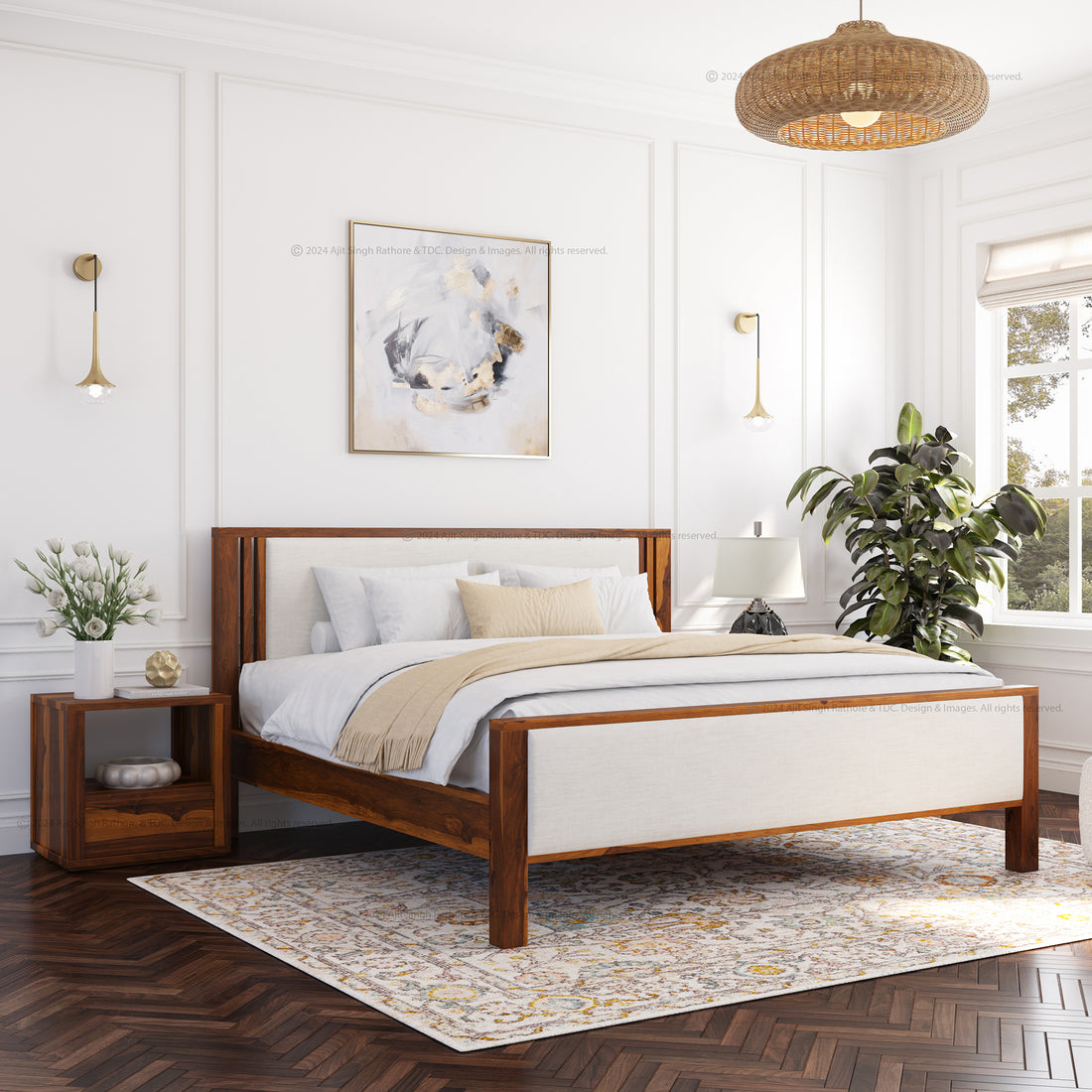 San Marino Premium Solid Indian Rosewood Upholstered Platform Bed