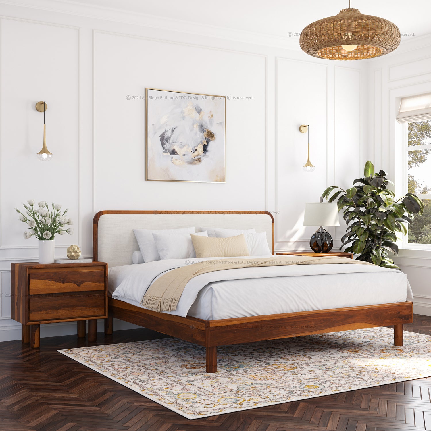 Carmel Platform Bed Frame With Upholstered Headboard Solid Wood