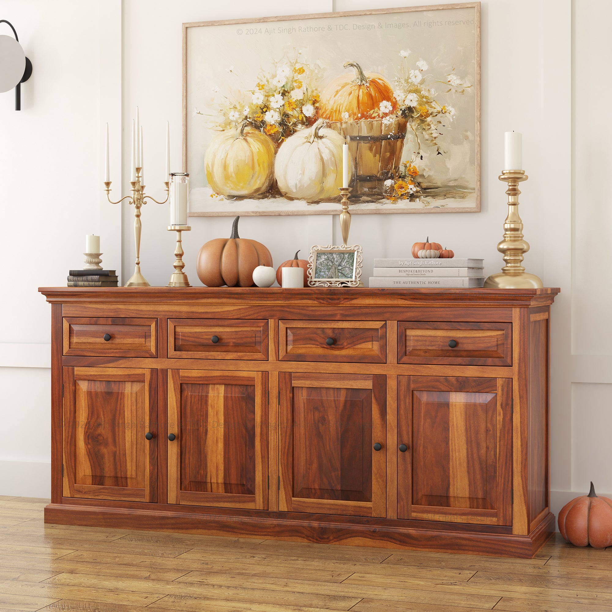 Sanford Solid Wood Sideboard Buffet with Drawers 5 Doors / Black