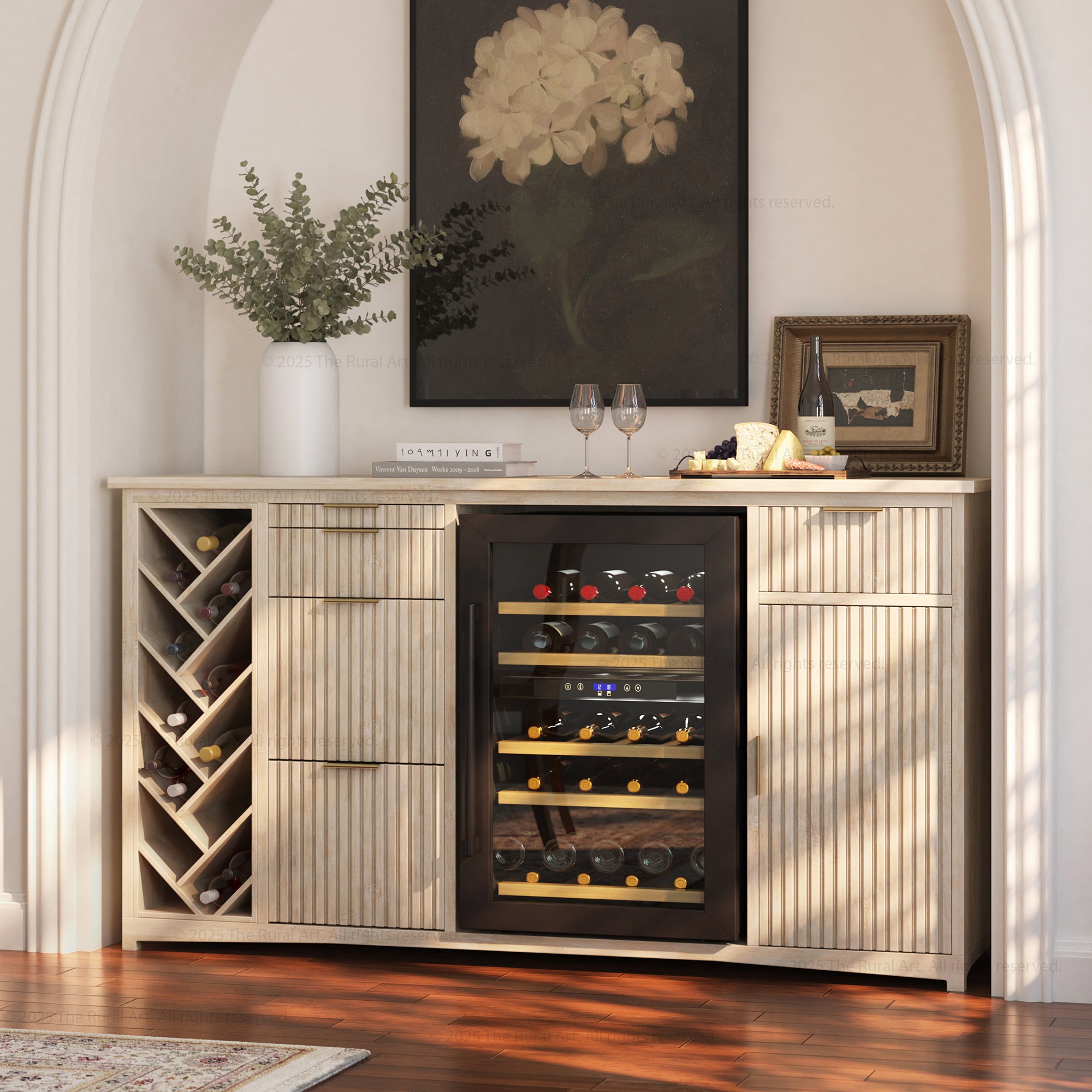 Florida Modern Fluted Wine Bar Cabinet with Mini Fridge Space