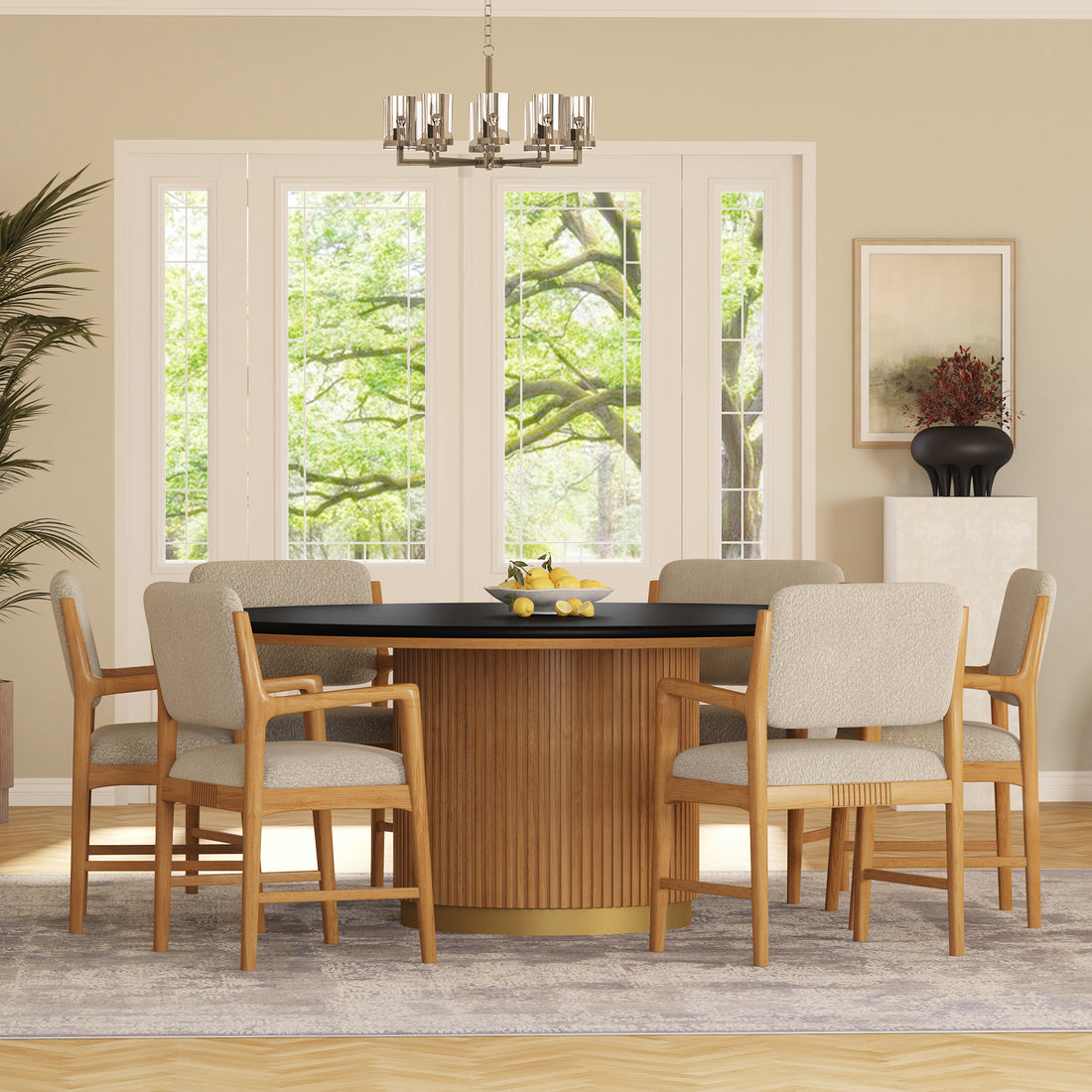 Auburn Fluted Round Dining Table and Chair Set Made of Solid Wood