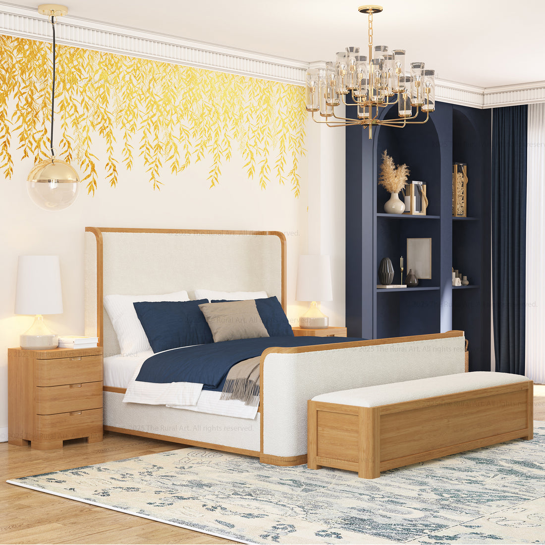 Beverly Shelter Bedroom Set | Upholstered Bed + Dresser & Nightstands