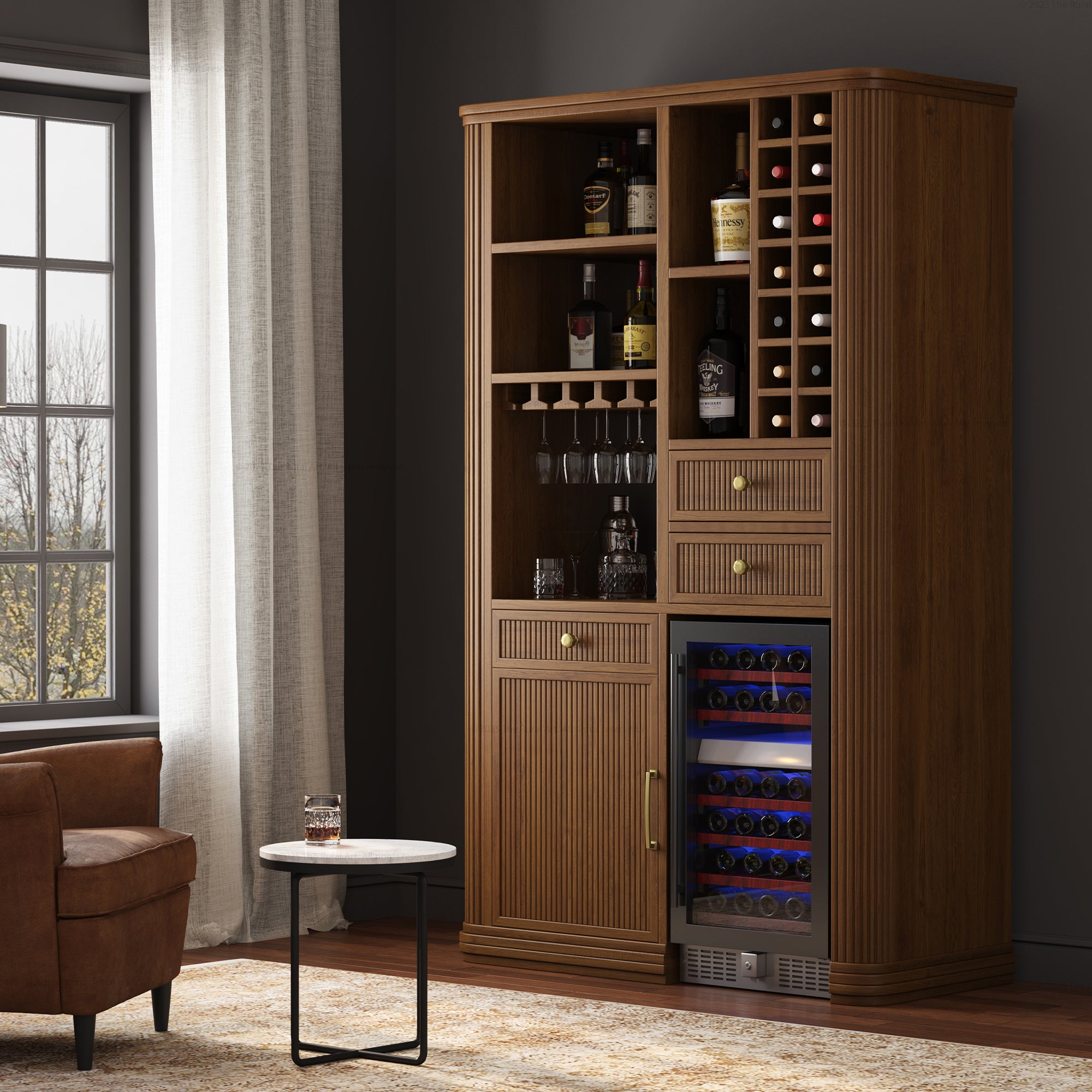 Durham Tall Wine Bar Cabinet with Built-In Wine Rack & Refrigerator Space
