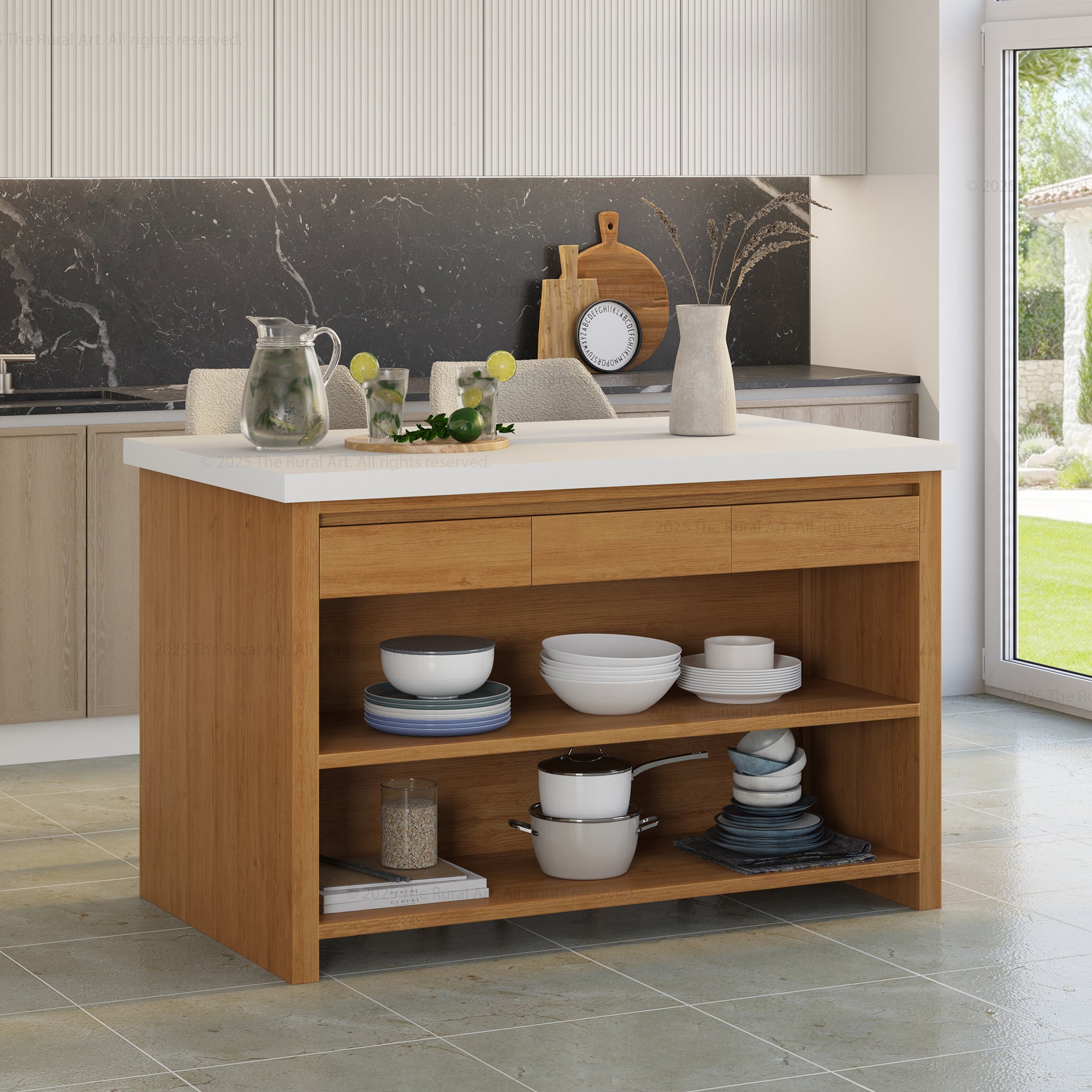 Dothan Solid Wood Kitchen Island with Quartz Top & Seating
