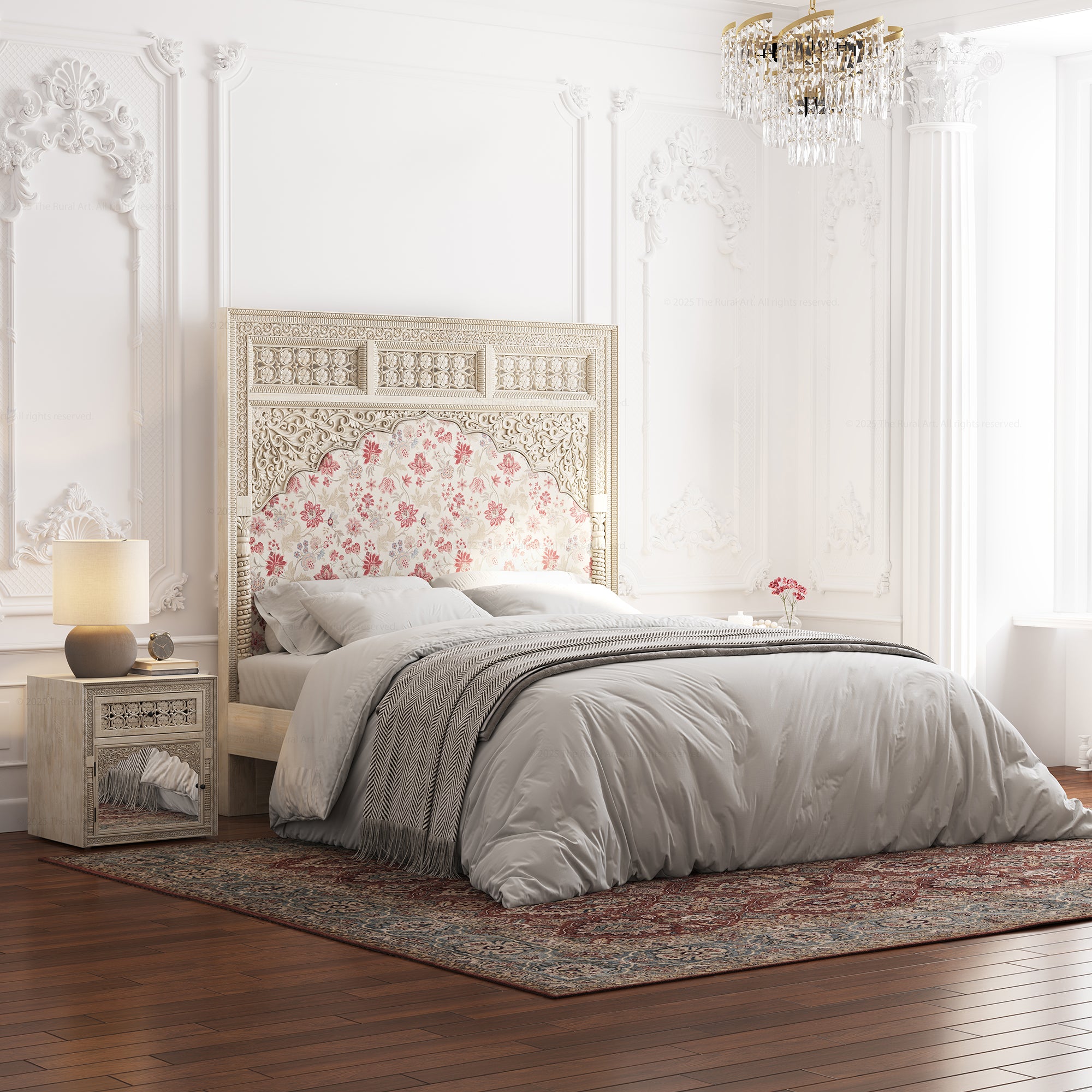 Dakota Antique White Solid Wood Bed Hand-Carved with Vintage Floral Fabric Headboard