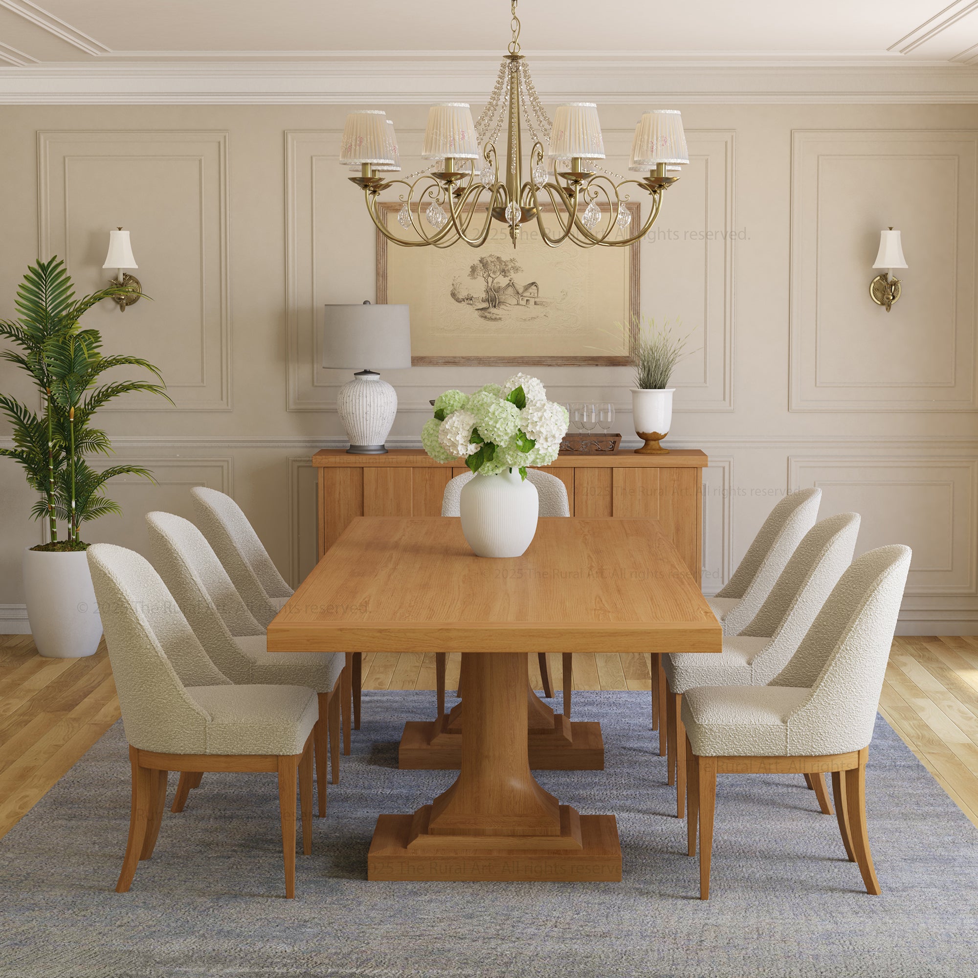 Medina Dining Table Set for 4, 6, 8 and 10 | Solid Wood Pedestal Table & Upholstered Chairs