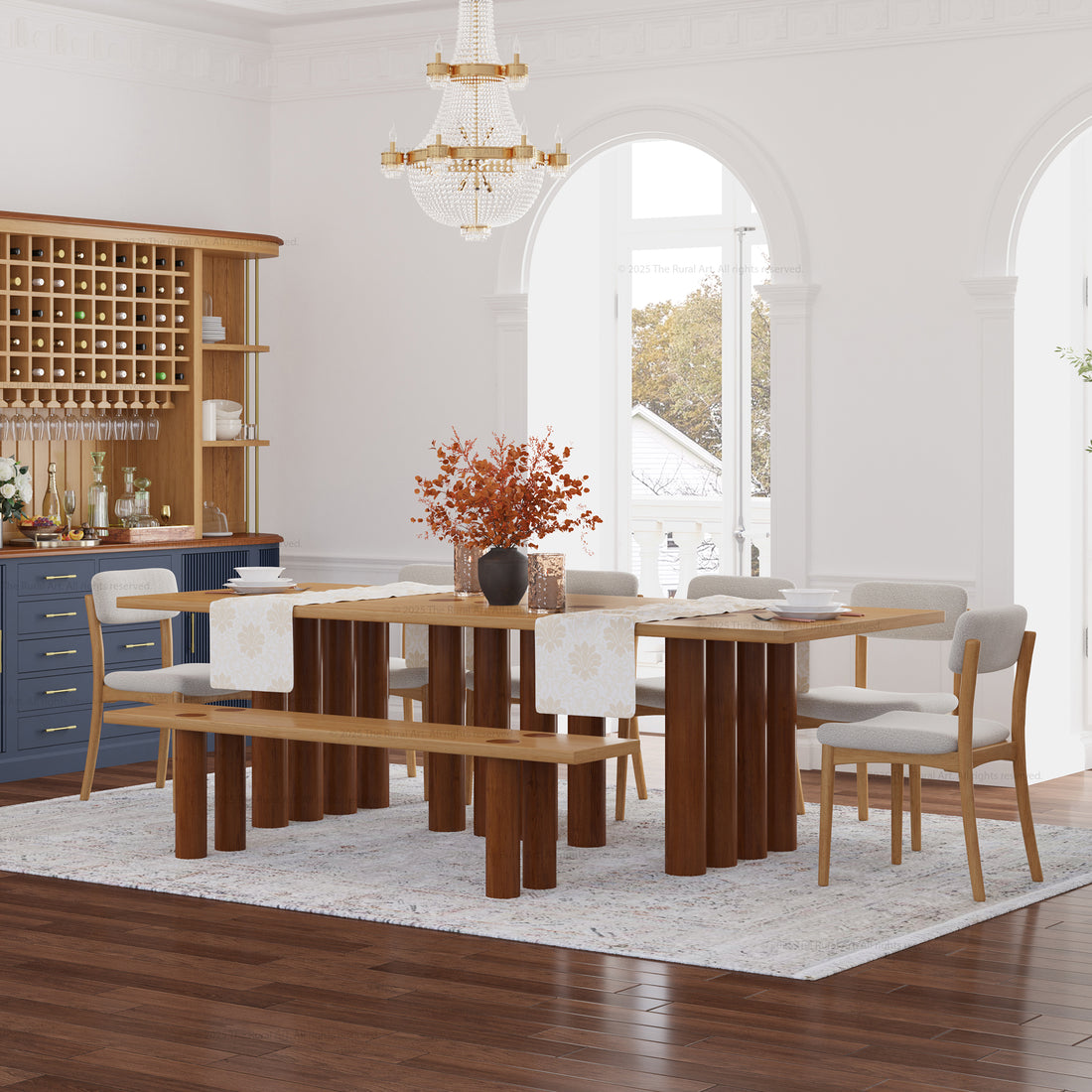 New York Modern Large Dining Table Set Made In Solid Wood Sculptural Round Legs & Inlay Accents