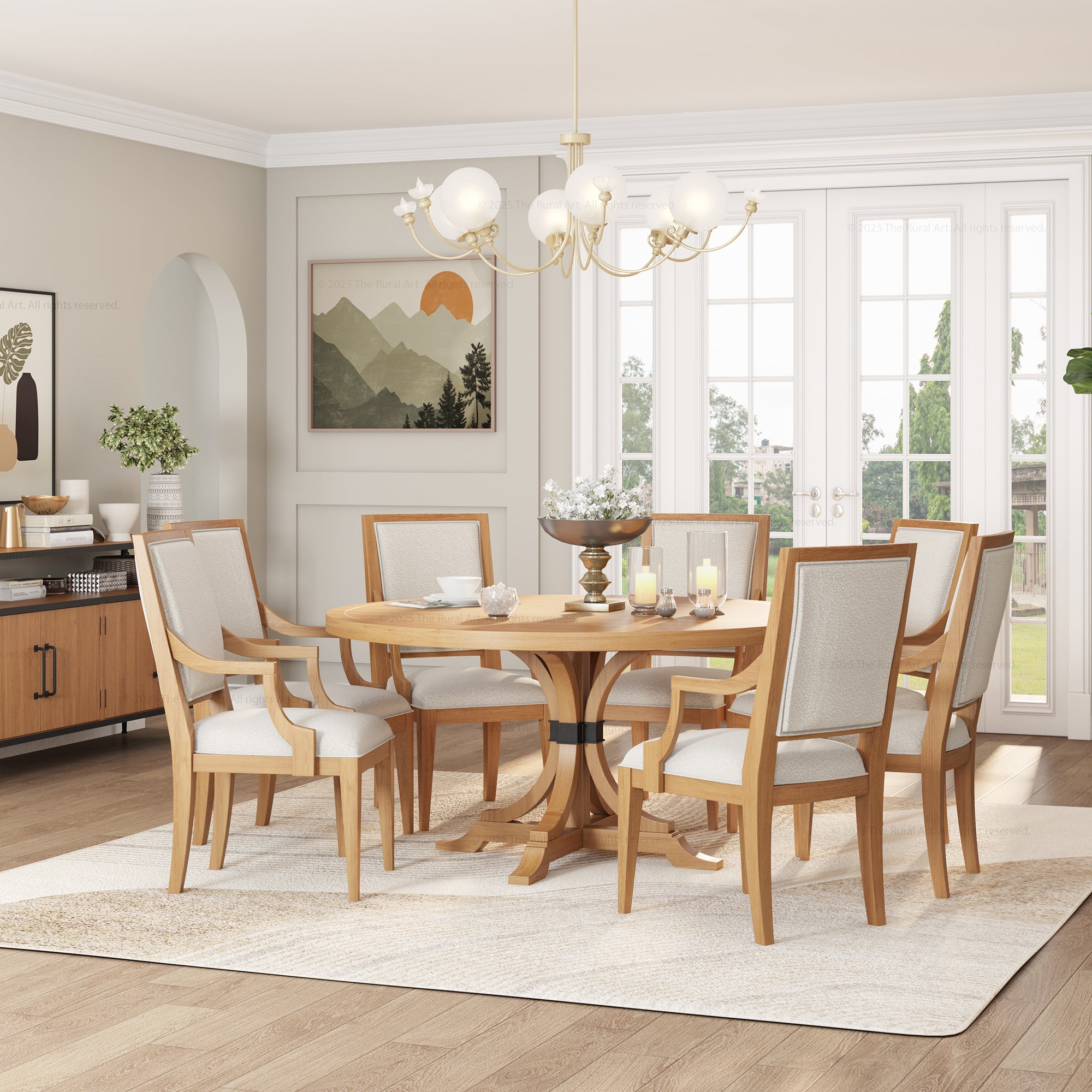 Miami Round Solid Wood Dining Table Set with Iron-Accented Pedestal & Upholstered Armchairs