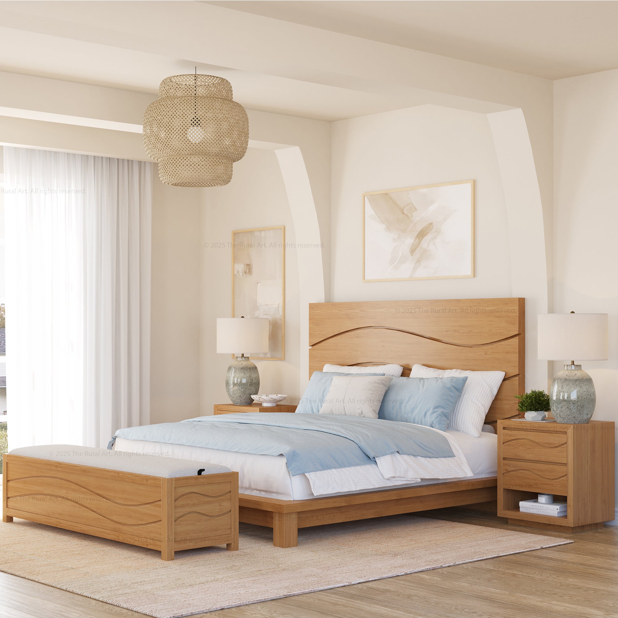 Teak Wood Modern Complete Bedroom Set including a platform bed, nightstands, dresser and bench
