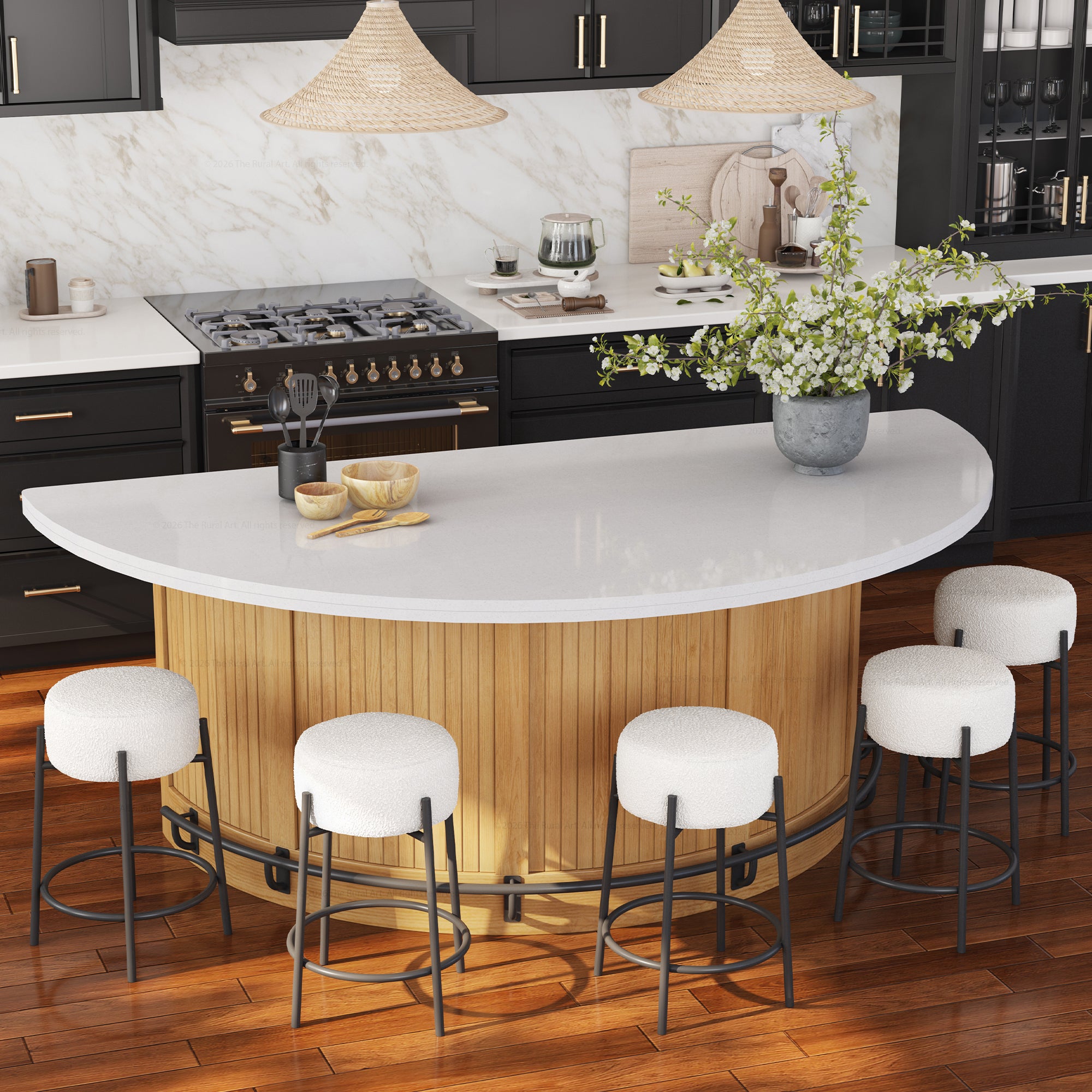 Midland Curved Solid Wood Half Round Kitchen Island with Upholstered Stools & Quartz Top