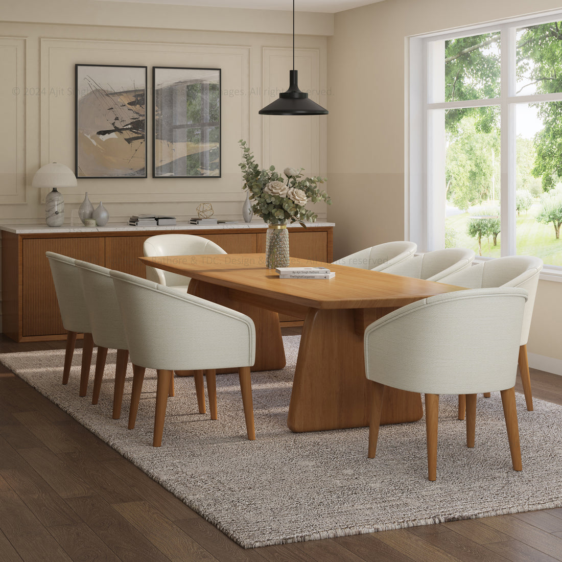 Irvine Teak Wood Dining Table Upholstered Chair Set