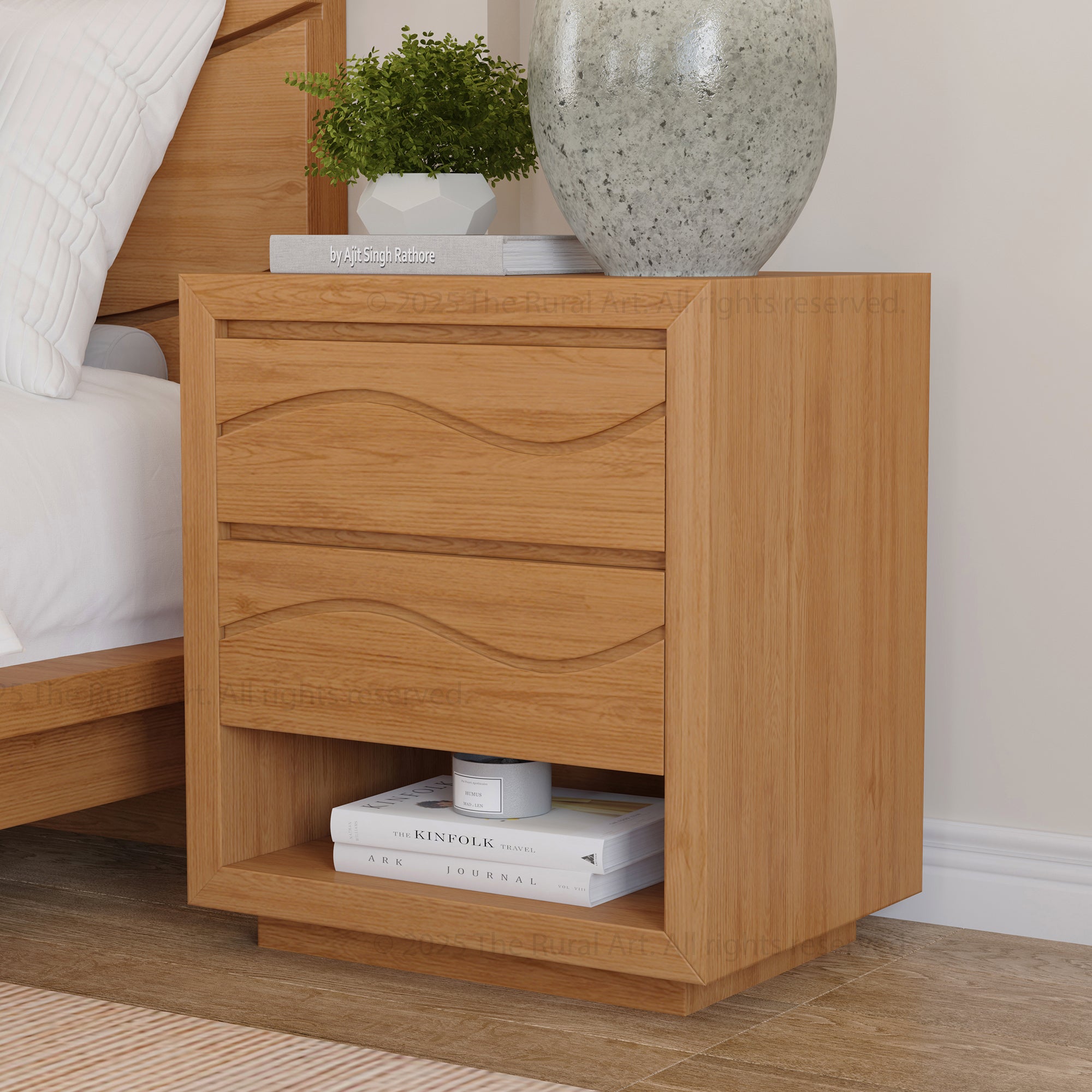 Wooden nightstand with two drawers and a small shelf