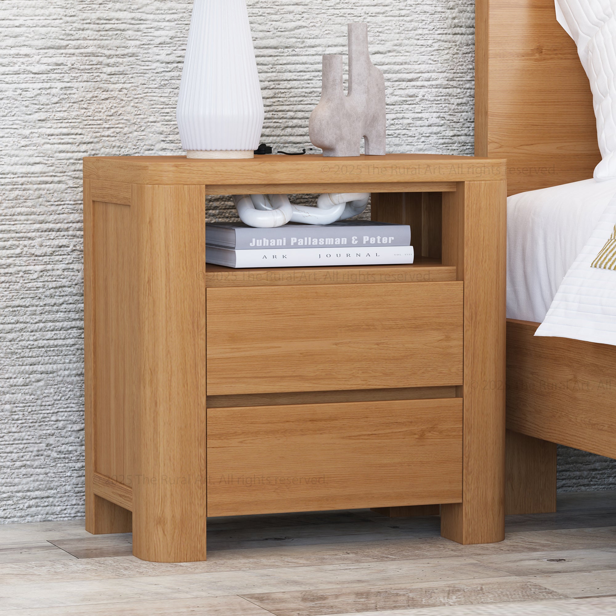 Levittown Solid Wood Nightstand with Open Shelf and 2 Drawers | Modern Bedside Table
