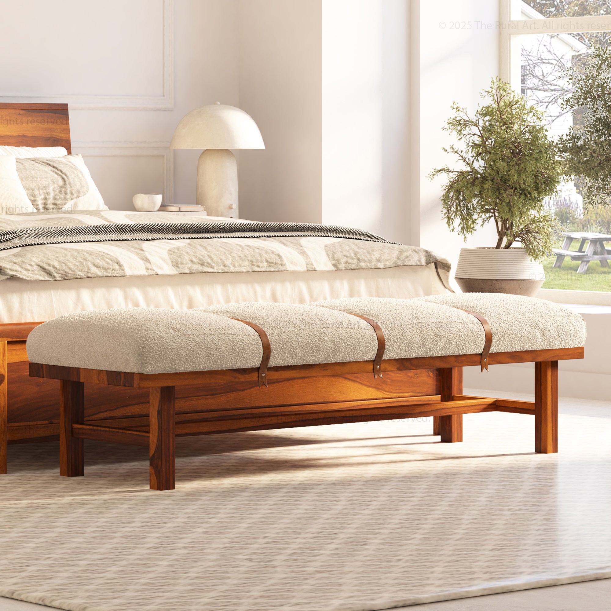 Princeton Solid Wood Bench with Boucle Upholstery & Leather Strap Detailing