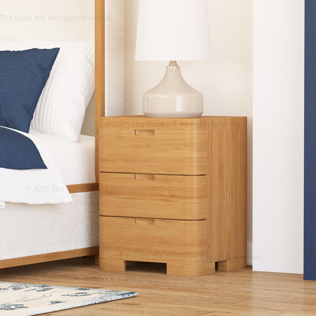 Beverly Solid Wood Nightstand 3-Drawer Bedside Table with Rounded Corners