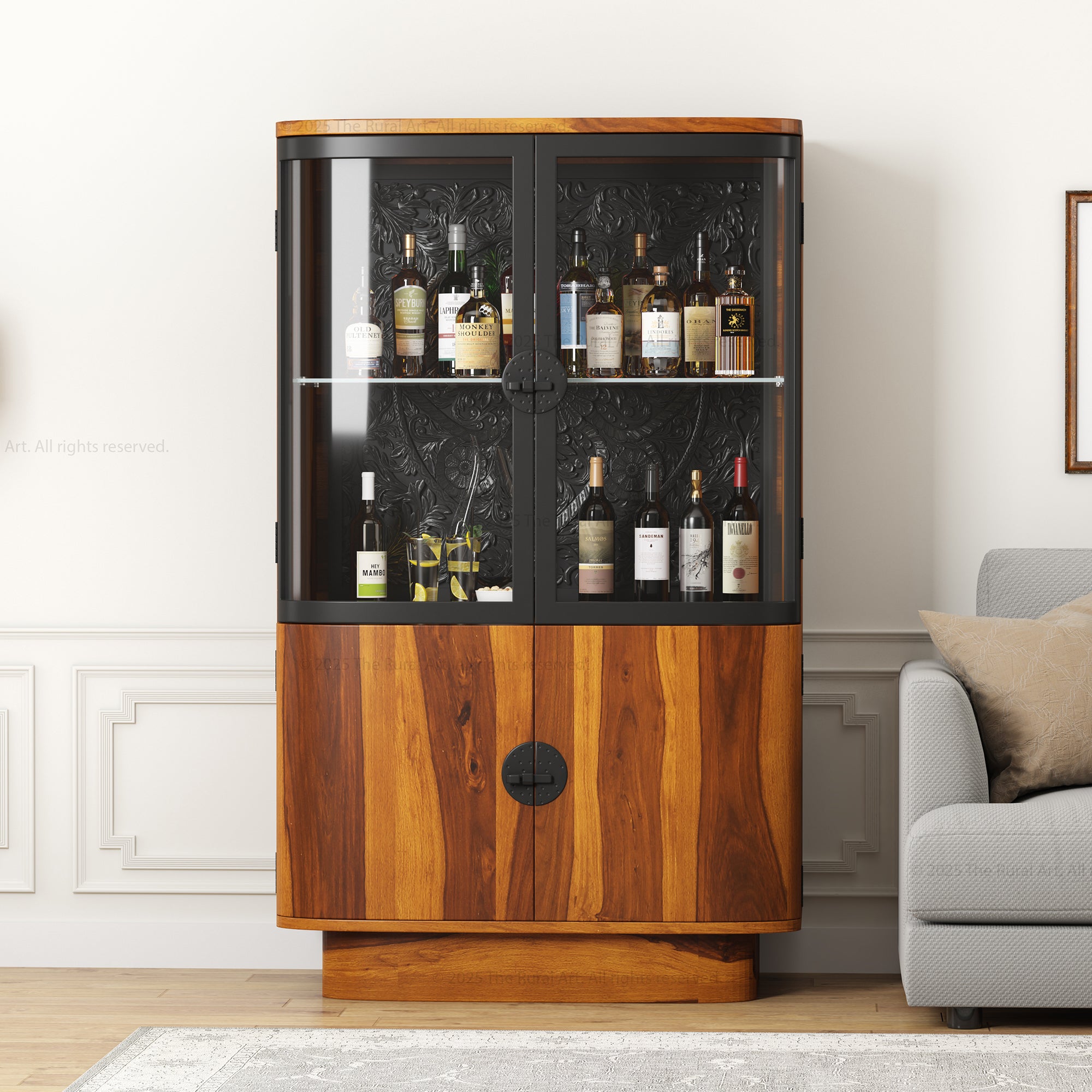 Woodinville Carved Bar Cabinet with Display Rack