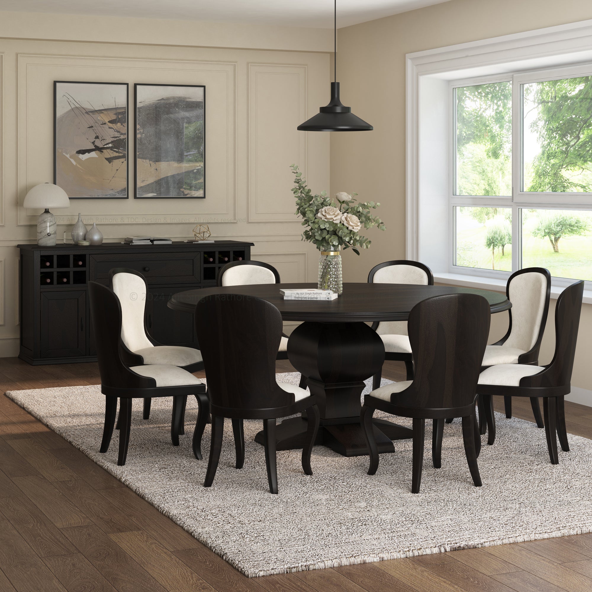 Rustic Solid Wood Round Dining Table and Chair Set For Large