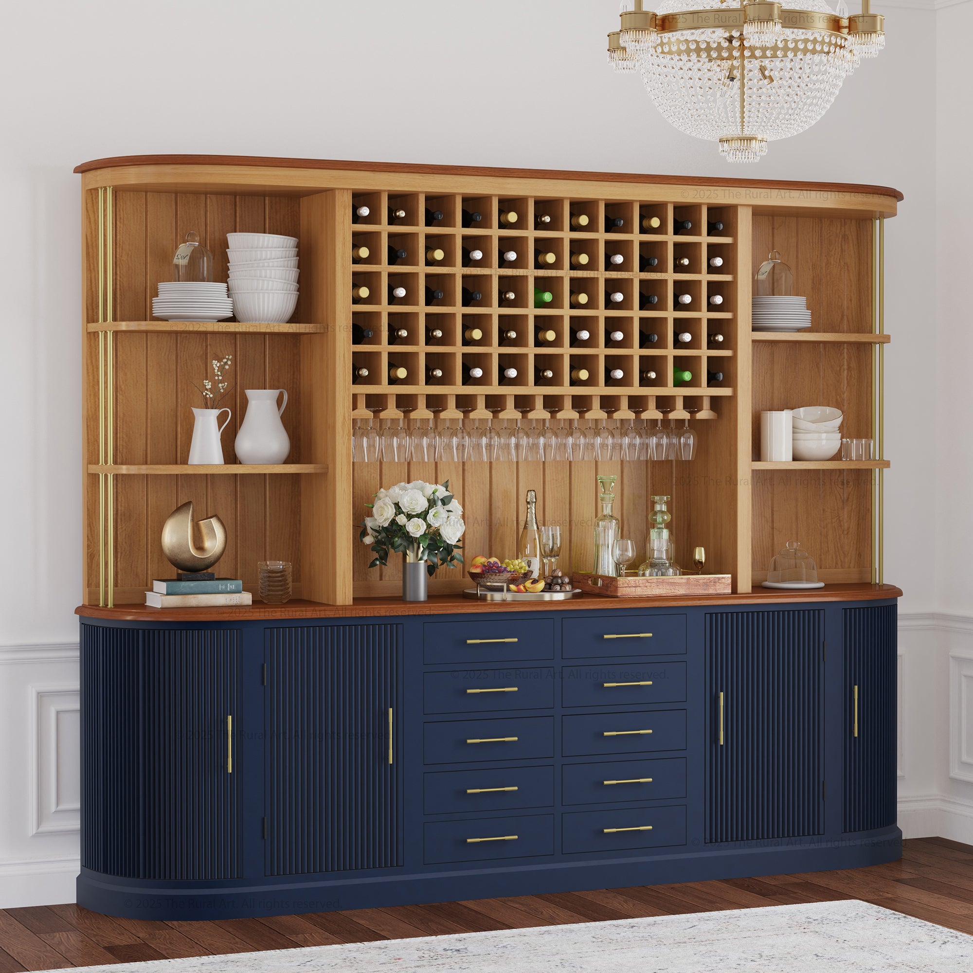 New York Bar Hutch with Sideboard Solid Wood Open Bar Cabinet with Fluted Doors & Wine Storage