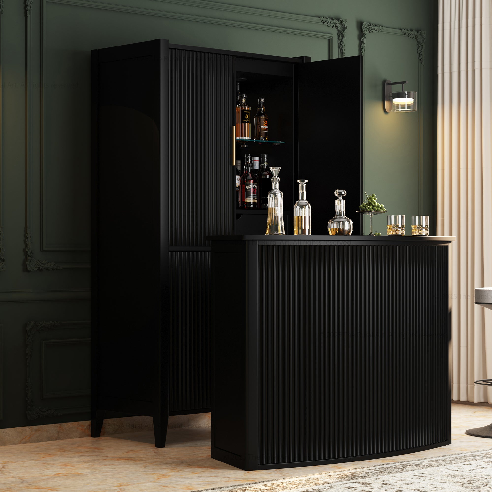 Monarch Solid Wood Wine Bar Cabinet & Counter Set with Glass-Back Display