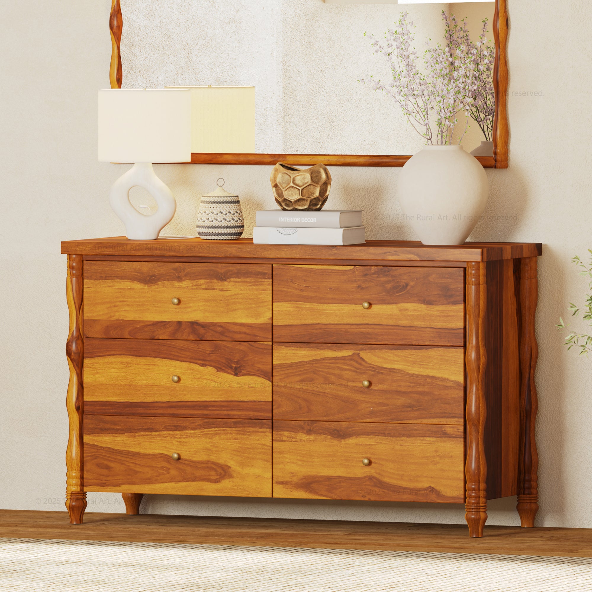 Jasper Solid Wood Dresser with Turned Legs & Brass Knobs