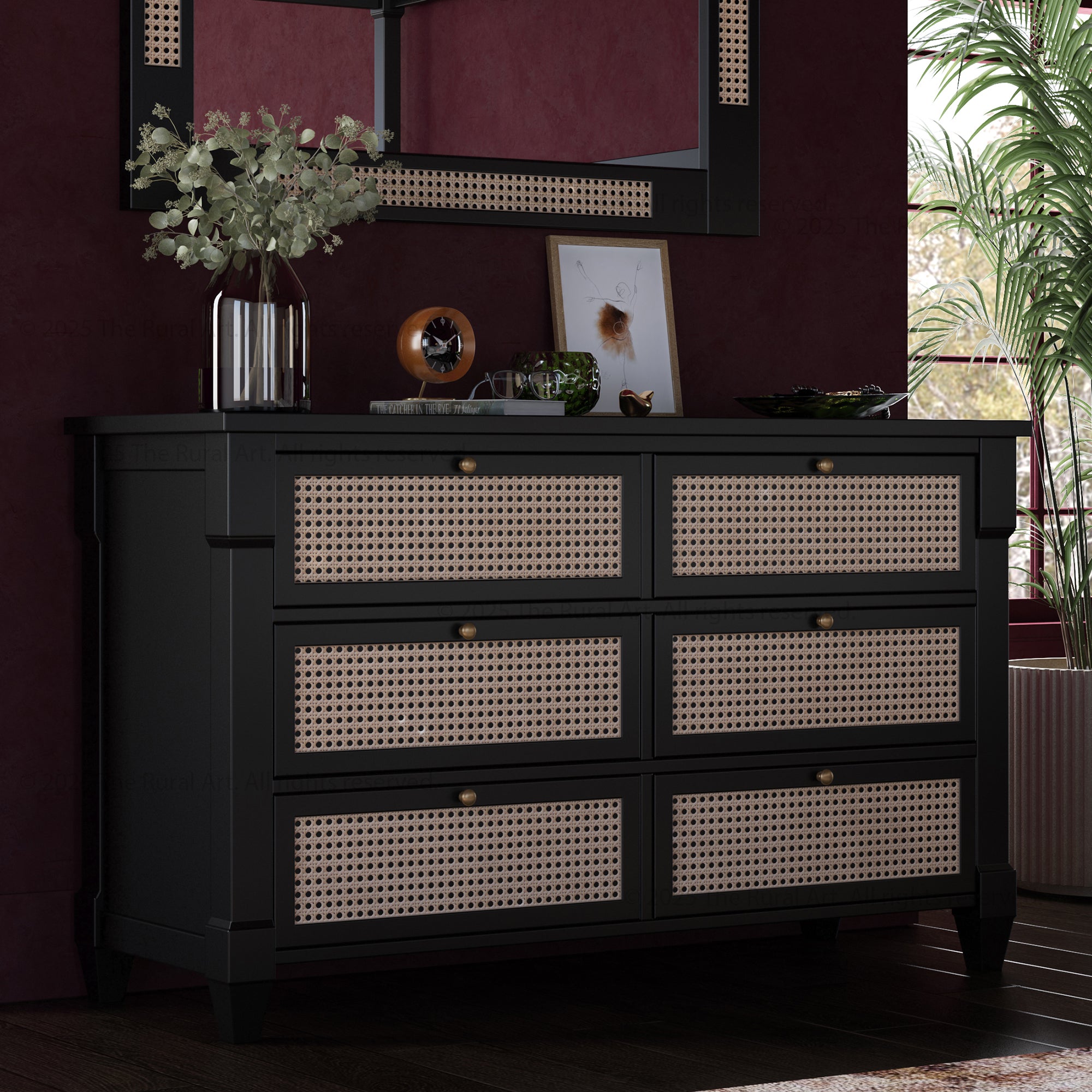 cane dresser Marsden Mid-Century Modern Patina Wood Finish 6-Drawer Rattan Cane Dresser (54 in. W x 36 in. H)