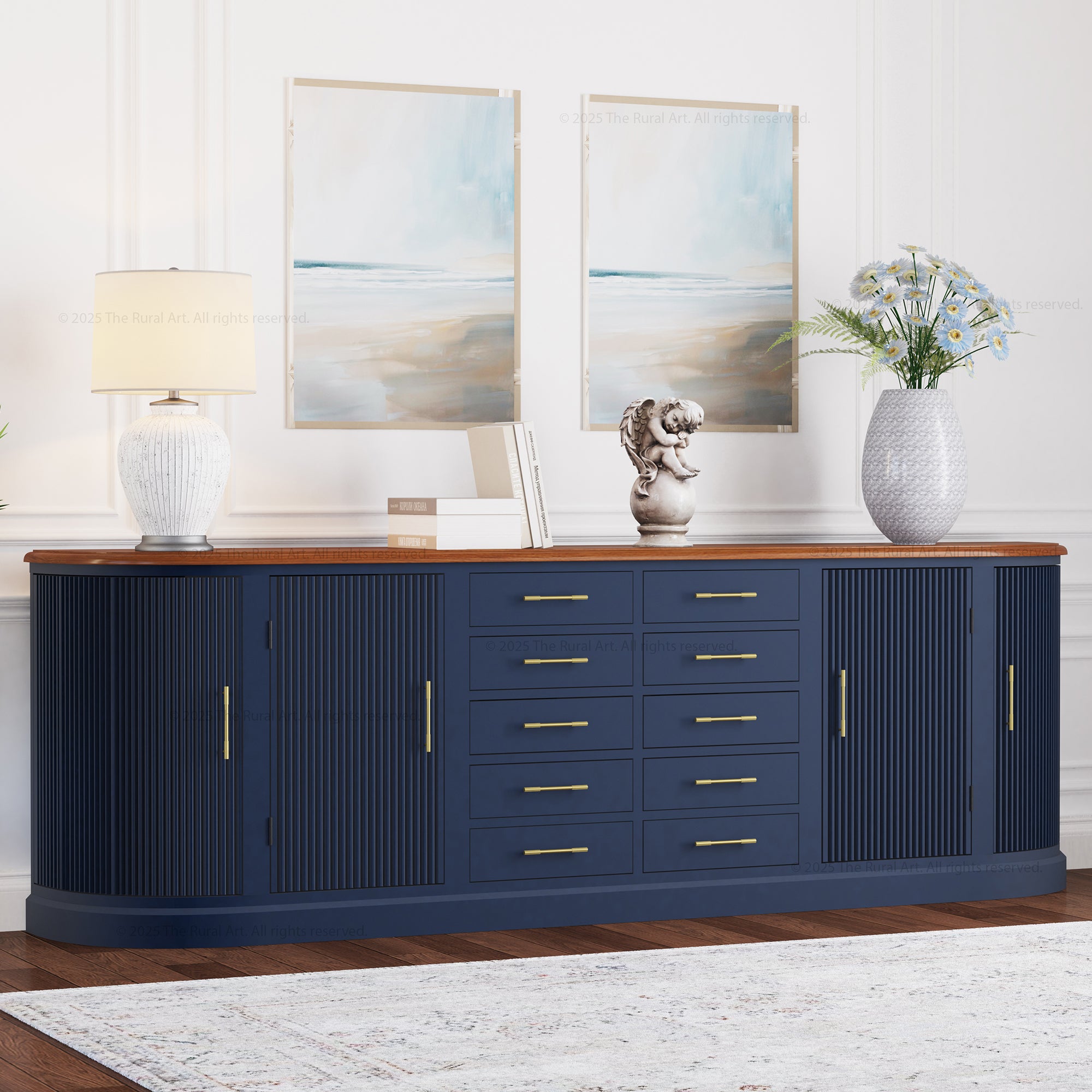 New York Large Sideboard Buffet | Dual Tone with Solid Indian Rosewood Top | 4 Fluted Doors & 10