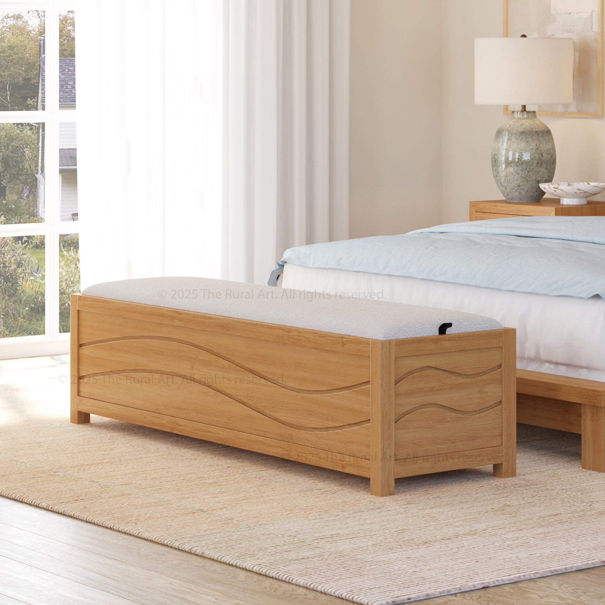 Teak Wood Upholstered Bench with Wave-Carved Panel