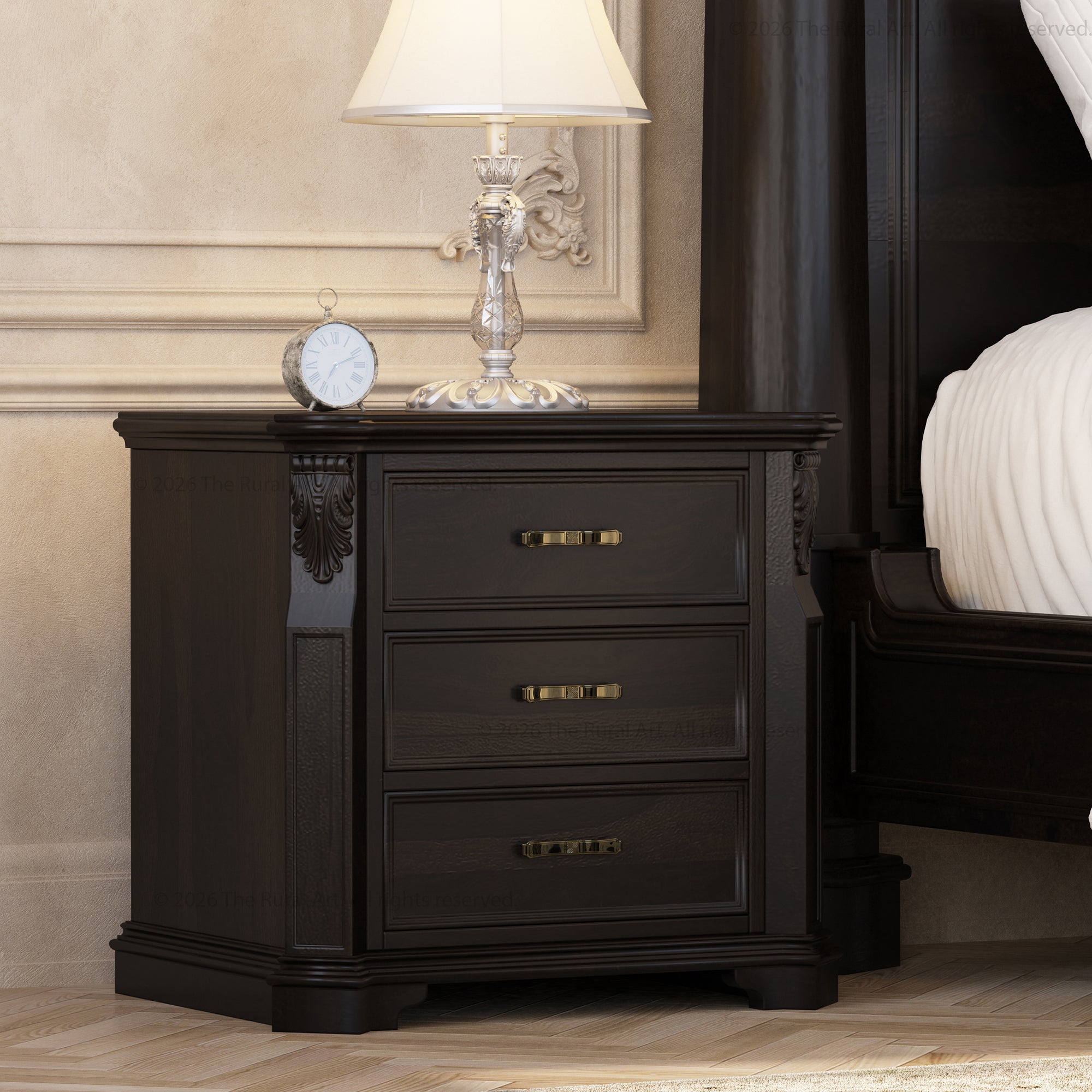 Alexander Hand-Carved Solid Wood Three-Drawer Nightstand
