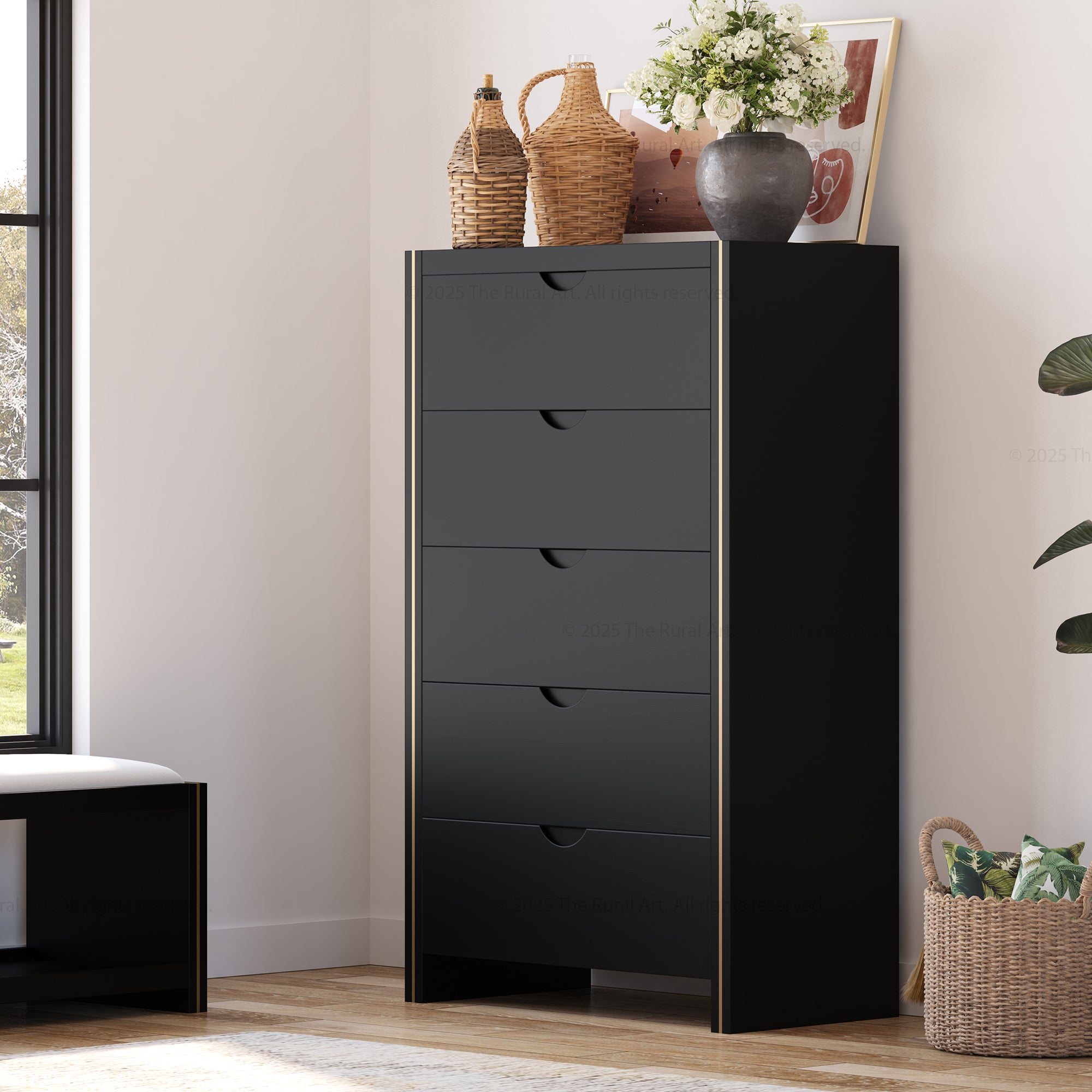 Branson Solid Wood Tall Dresser with Brass Inlay Accents