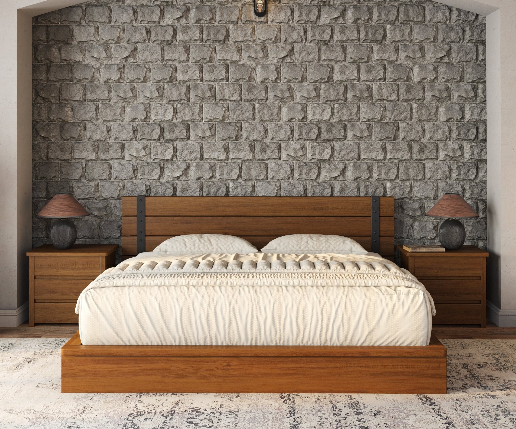 Dallas Solid Wood Platform Bed with Slatted Headboard & Iron Accents