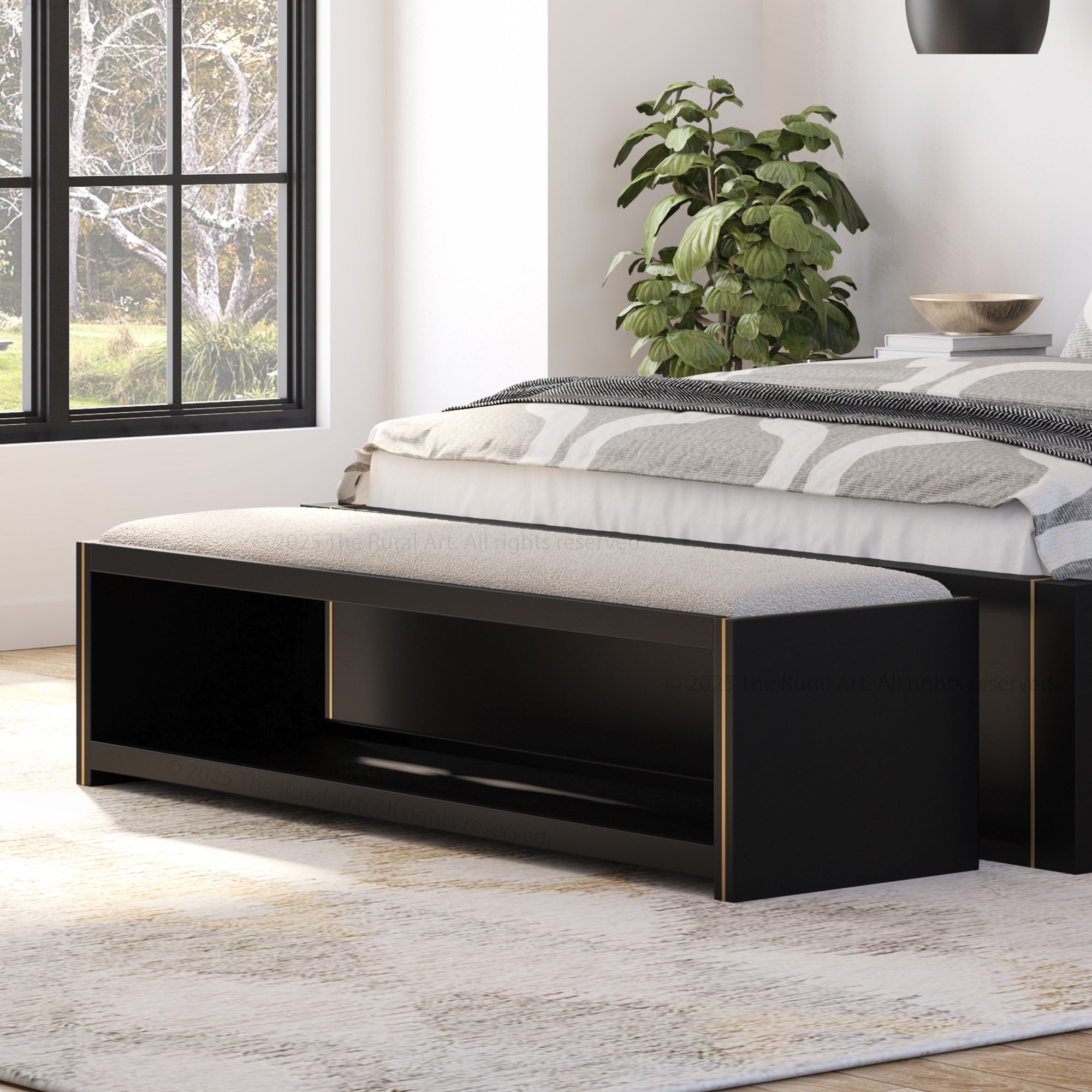 Branson Solid Wood Open Storage Bedside Bench with Boucle Upholstered Cushion & Brass Inlay