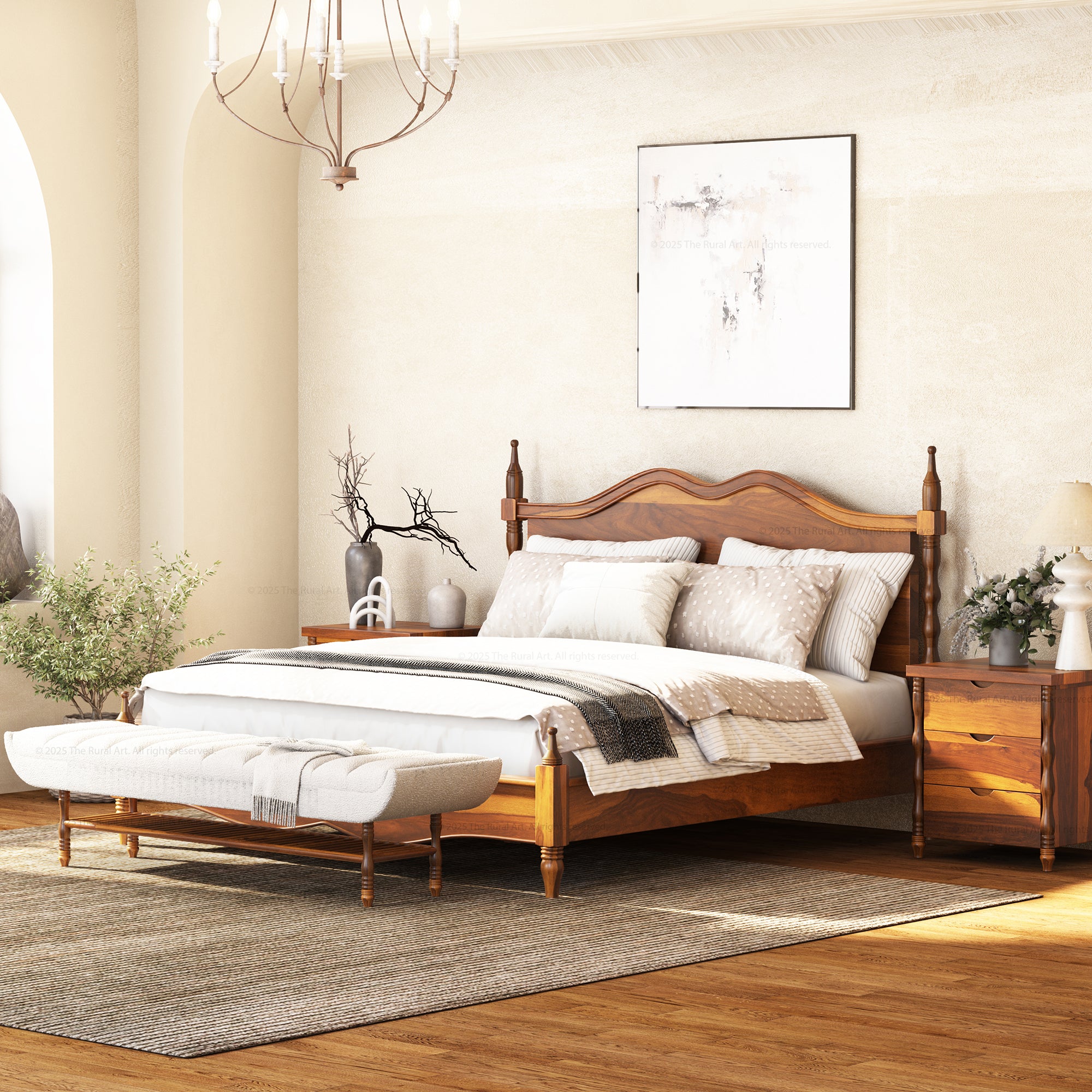 Jasper Solid Wood Bed with Sculpted Headboard & Turned Posts