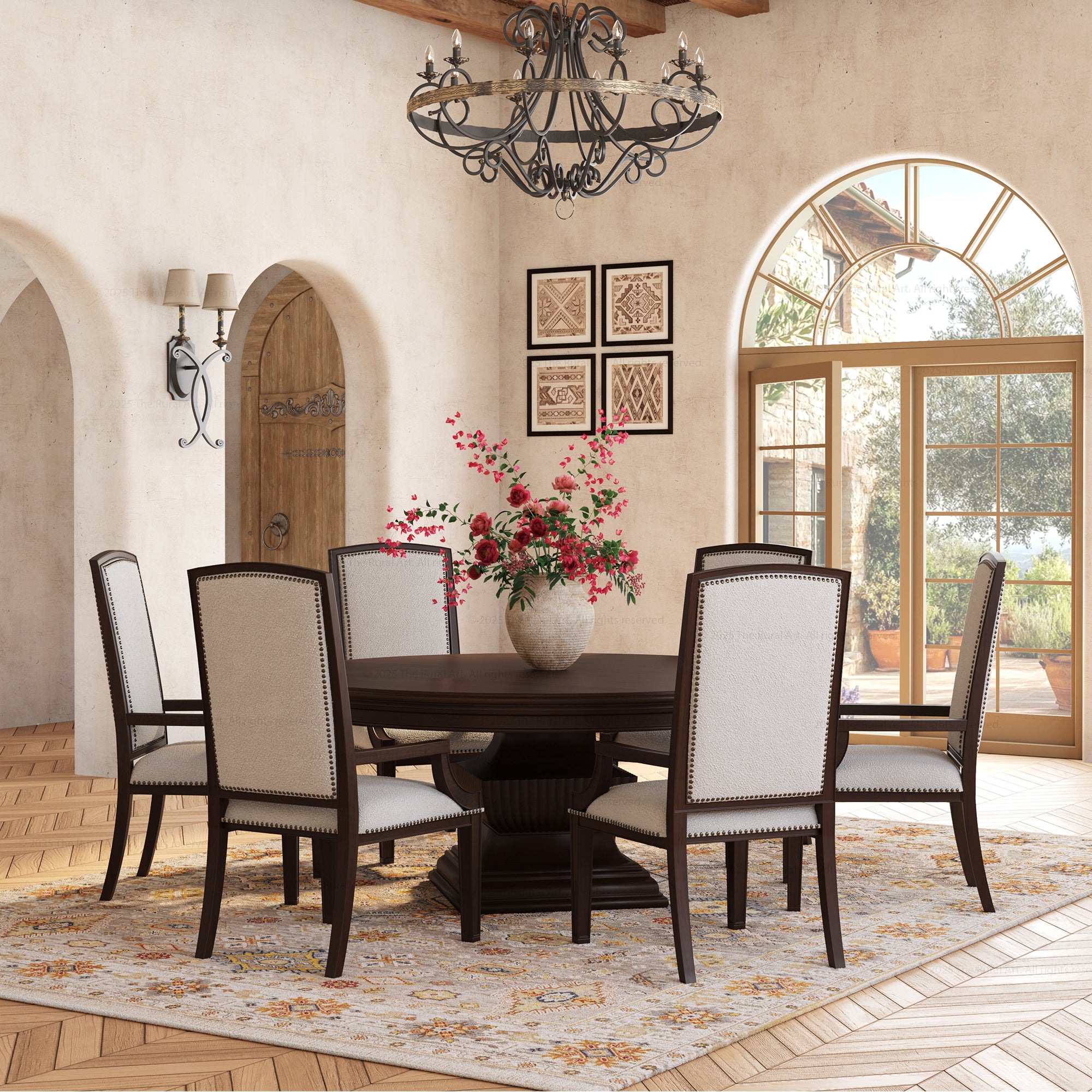 Scottsdale Round Pedestal Solid Wood Dining Set with Upholstered High-Back Chairs